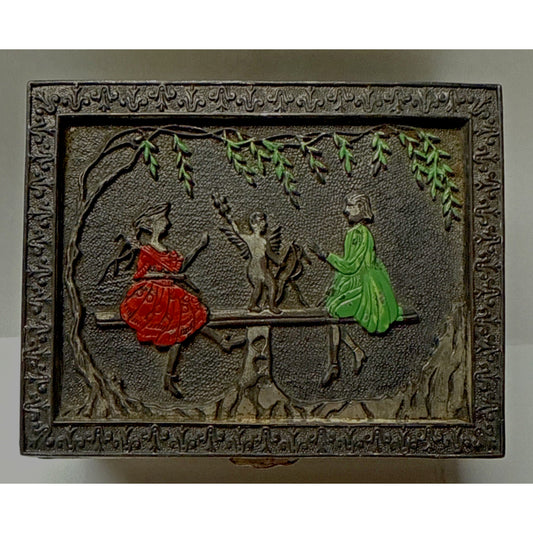 Vintage Victorian Metal Wood Cigarette Box Angel Women Ornate Japan As Is