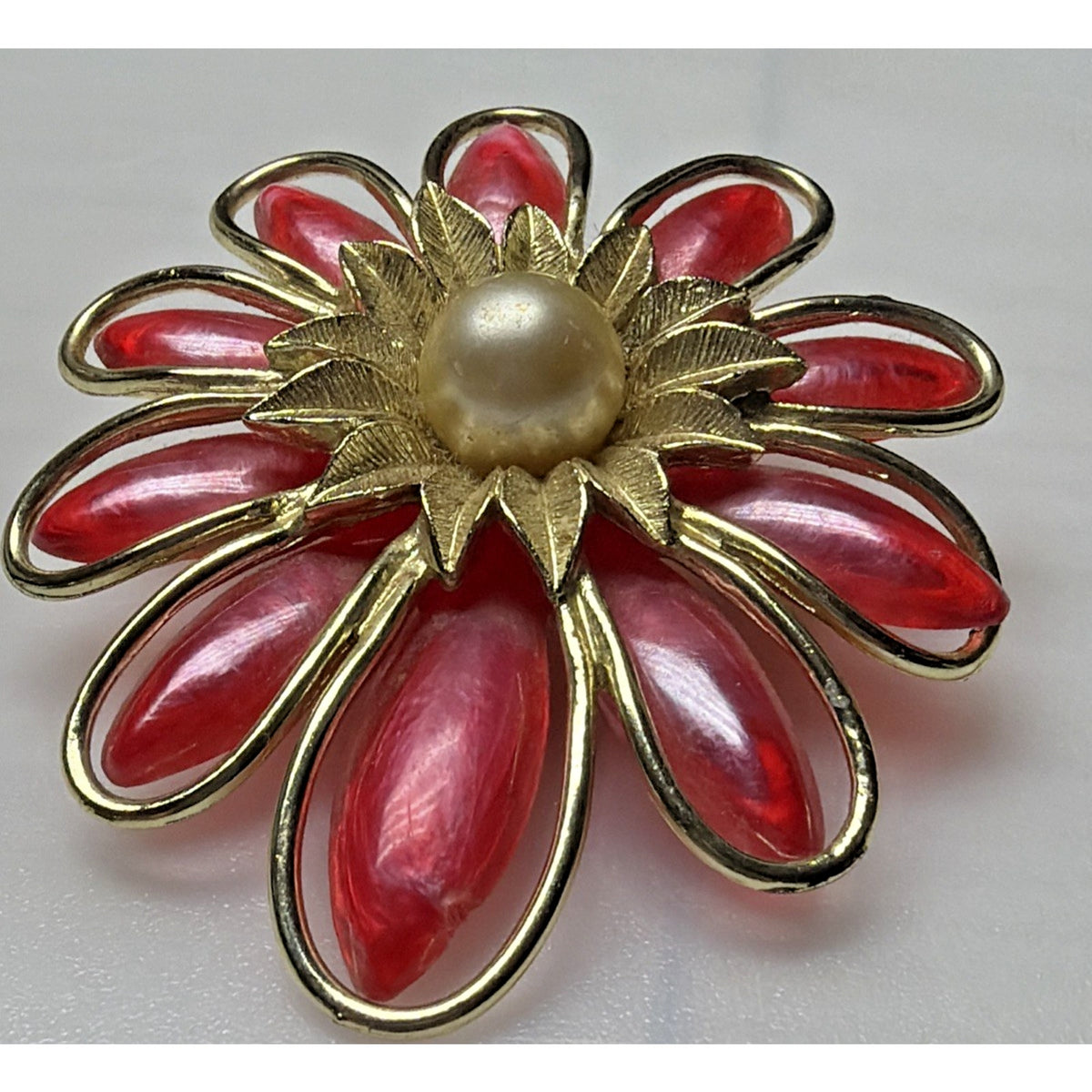 Vintage Large Flower Blossom Brooch Resin Plastic Leaves Gold Frame Faux Pearl
