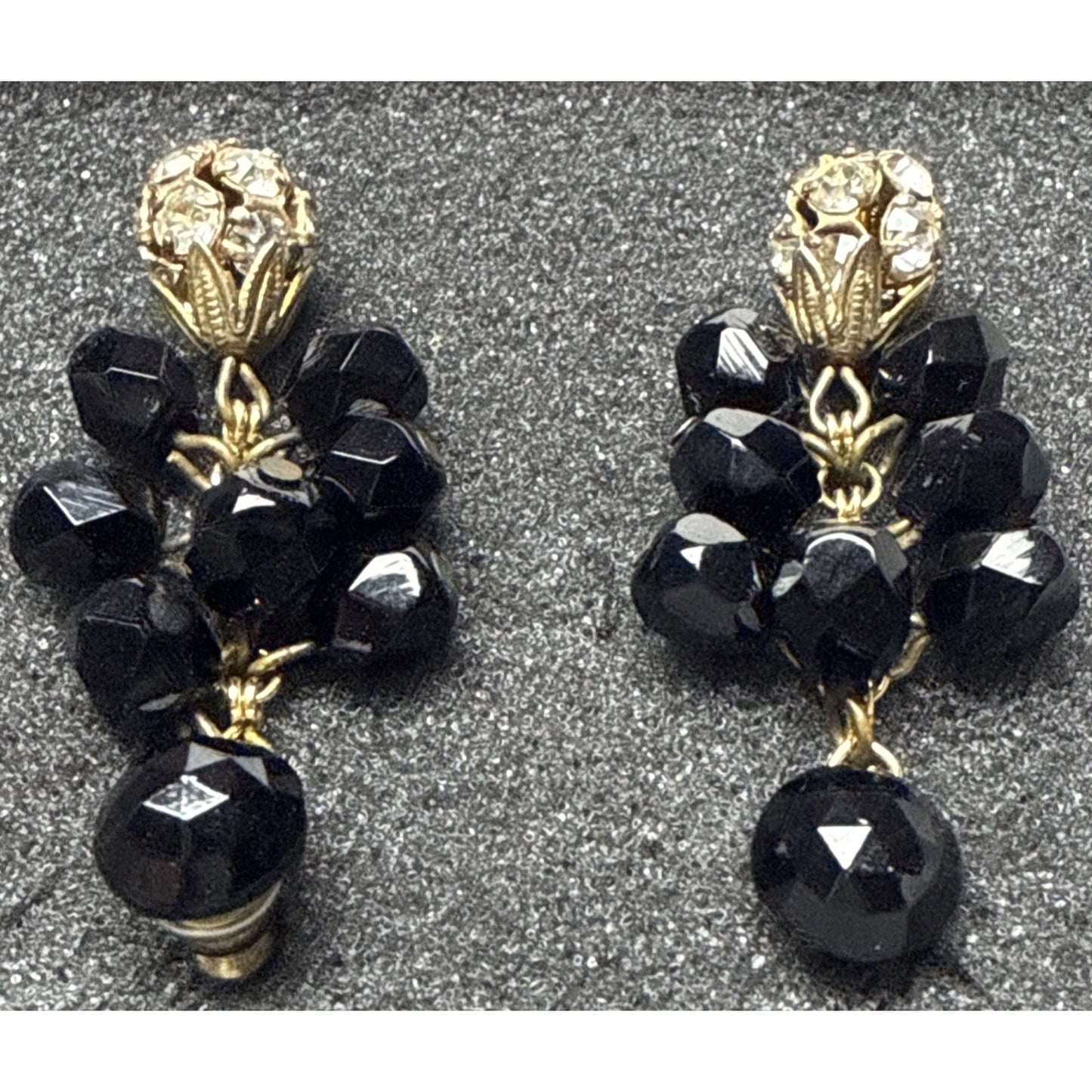 Vtg Black Faceted Glass Cluster Dangle Drop Earrings Disco Ball Rhinestone As-Is