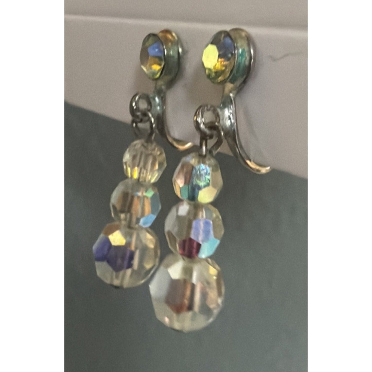Vintage Clear Aurora Borealis AB Crystal Bead Dangle Screw Back Earrings