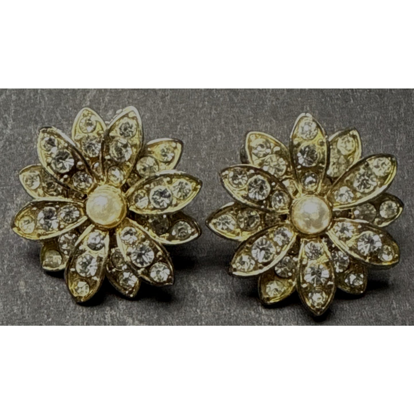Vintage Gold Metal Flower Shaped Rhinestone Earrings Faux Diamond Wedding