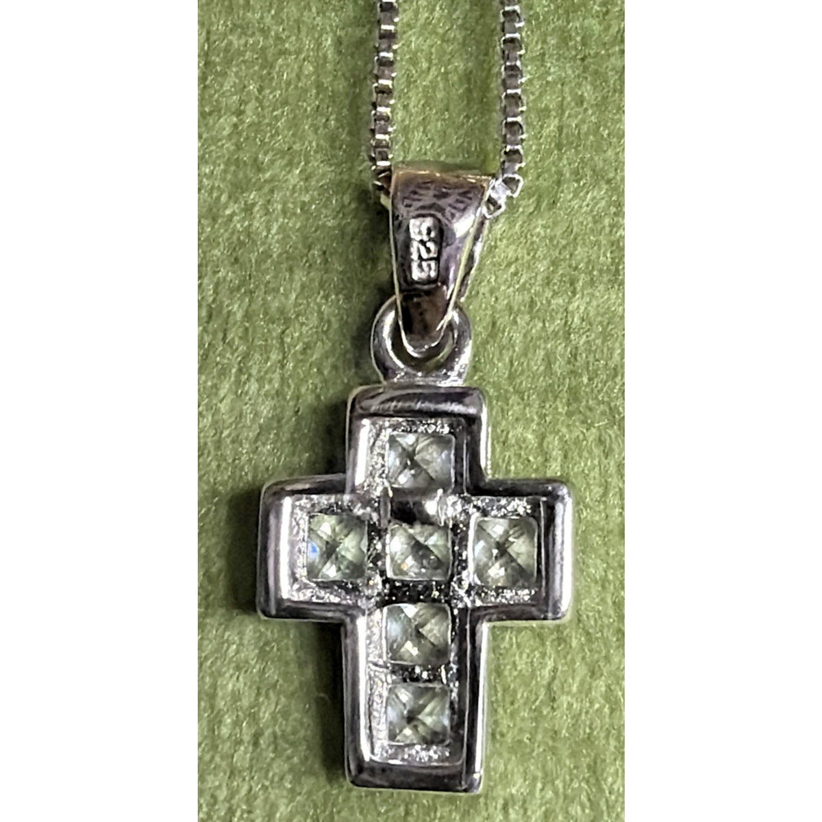 Sterling Silver Religious Cross Pendant Necklace Princess Cut Crystals Box Chain