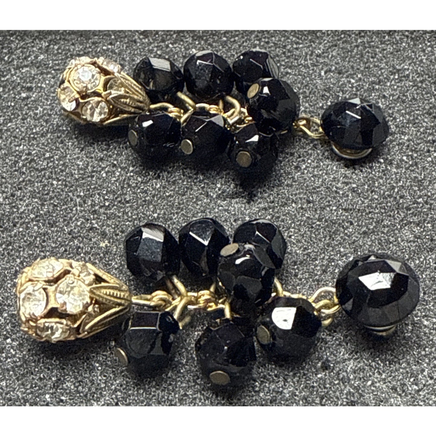 Vtg Black Faceted Glass Cluster Dangle Drop Earrings Disco Ball Rhinestone As-Is