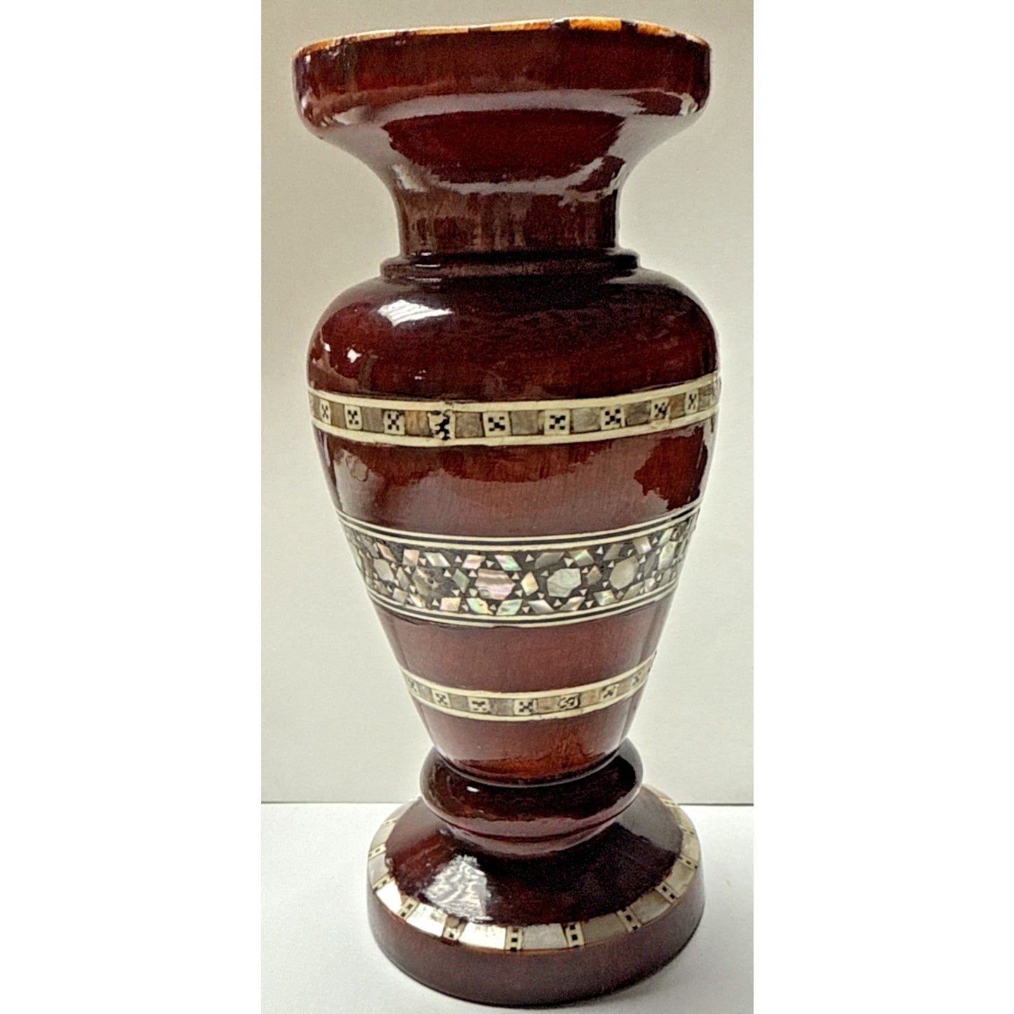 Vtg Egyptian Beechwood Inlaid Mother of Pearl Abalone Vase Mosaic Pattern As-Is