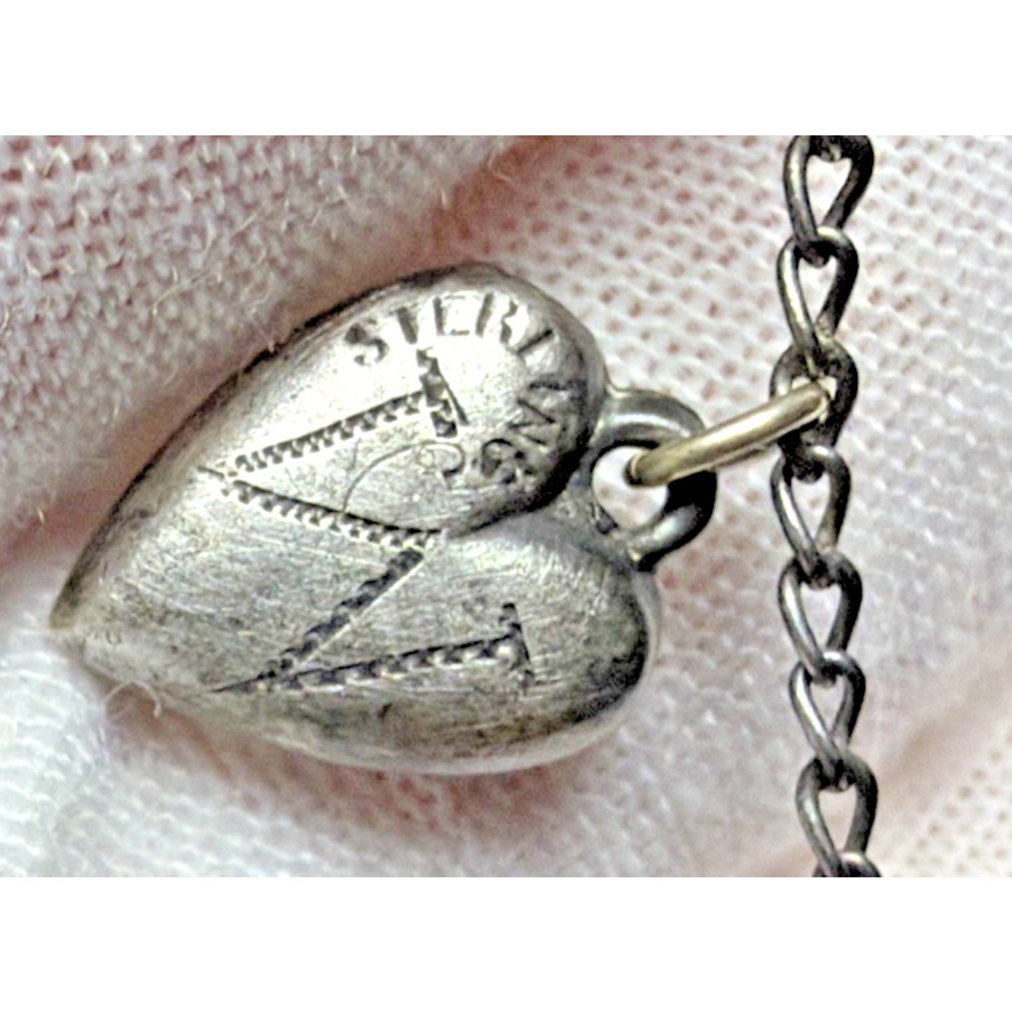 Antique Sterling Silver Puffy Heart Charms Necklace Enamel Gemstone Emboss As Is
