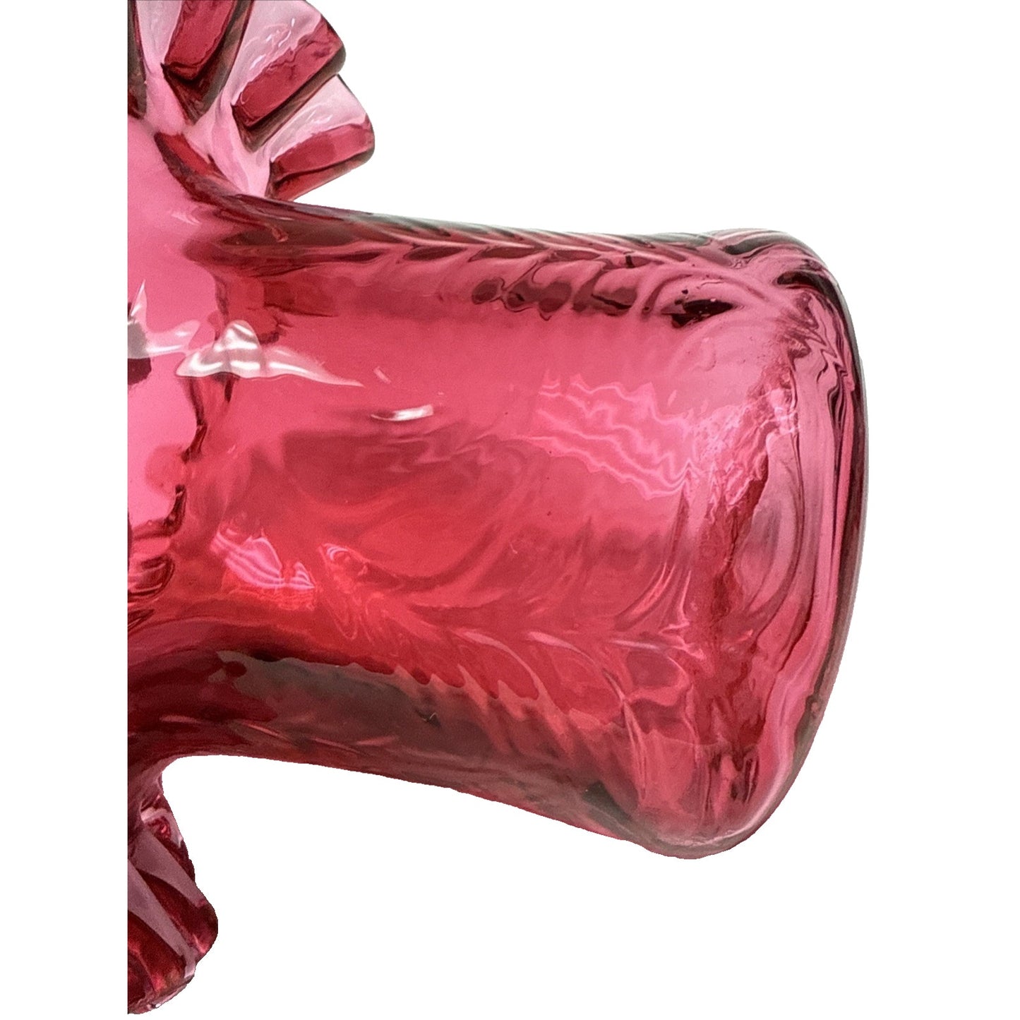 Vintage Fenton Glass Cranberry Embossed Fern #7235 Crimped Hat Vase