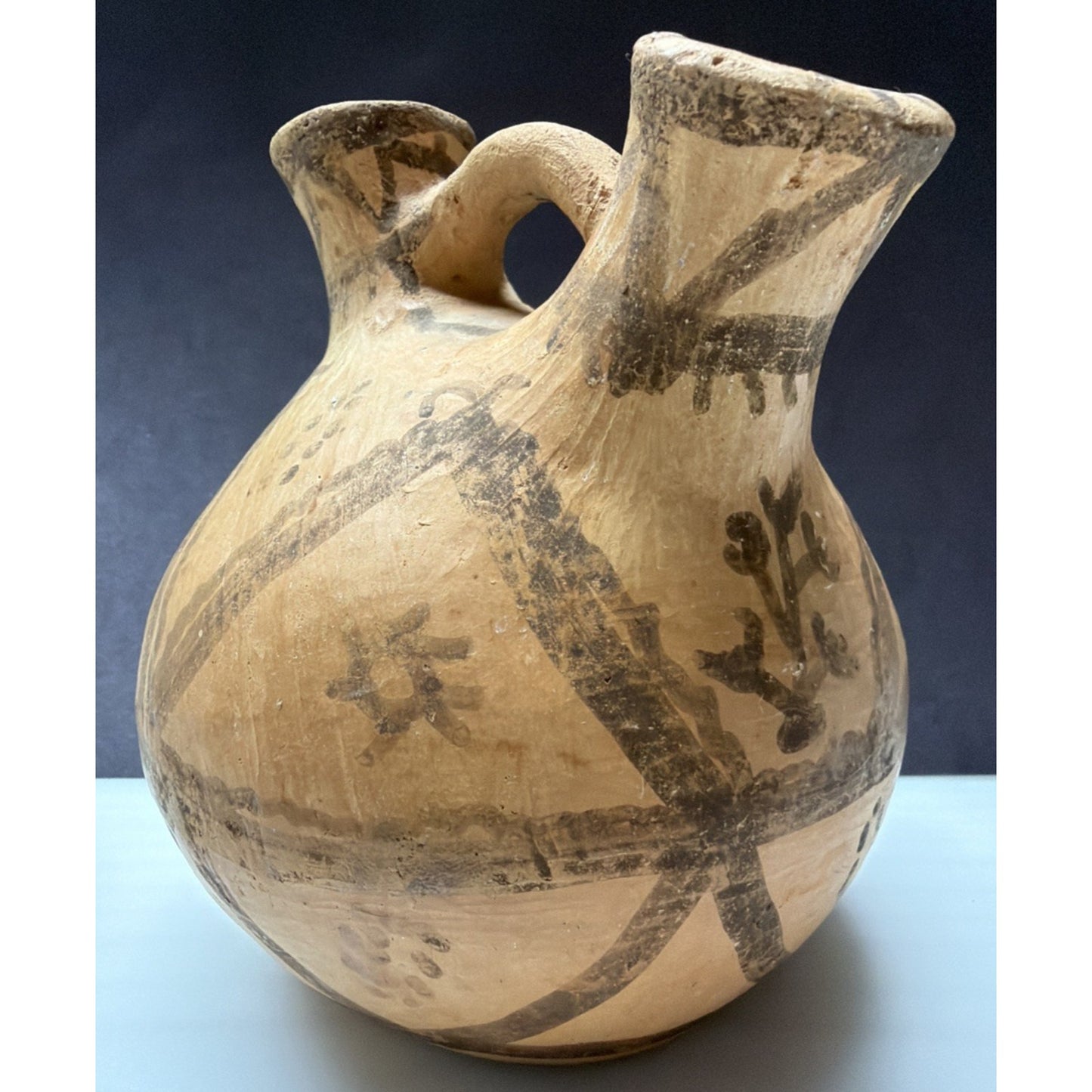 Old Berber Moroccan Pottery Vessel Double Spout Jug Hand Drawn Painted As Is