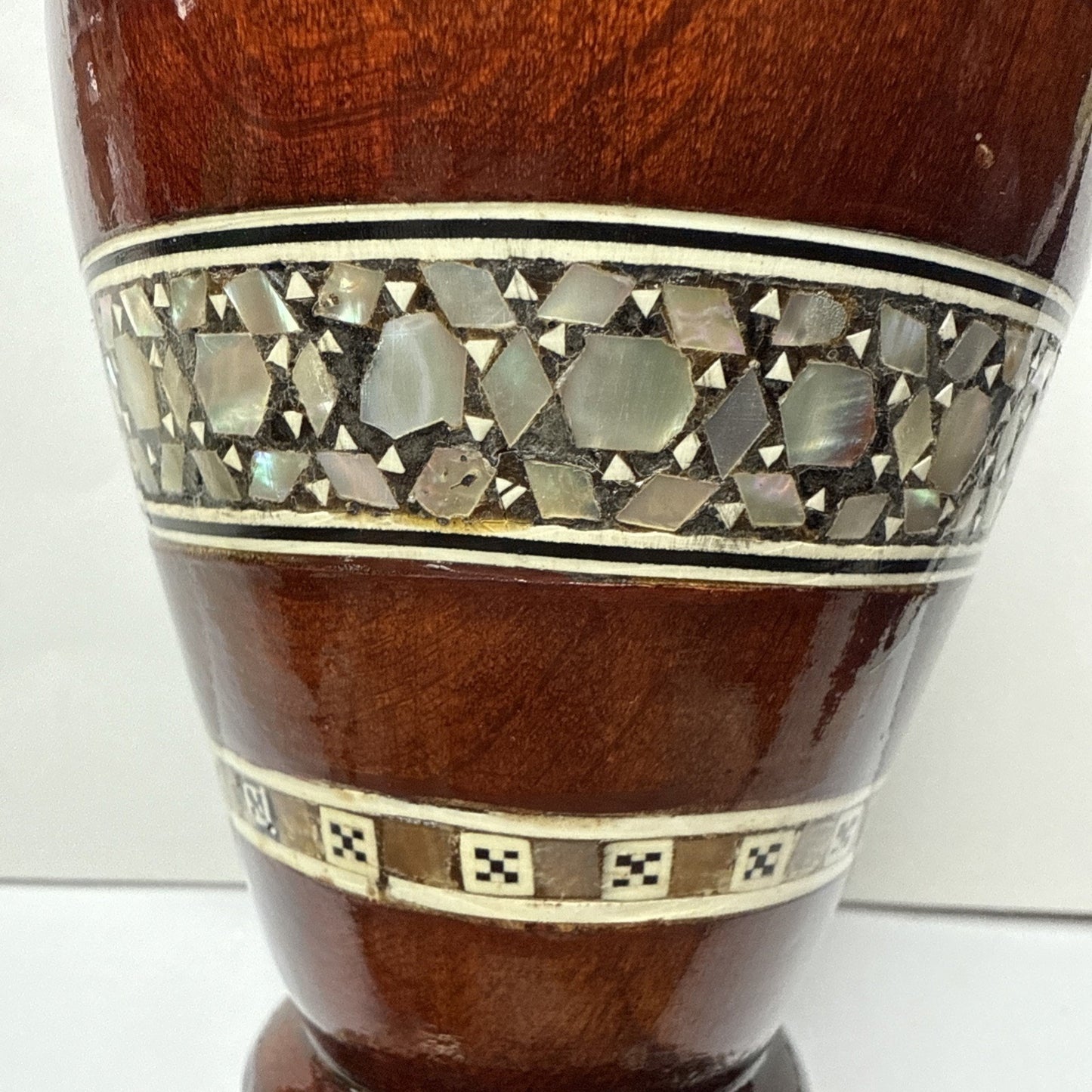 Vtg Egyptian Beechwood Inlaid Mother of Pearl Abalone Vase Mosaic Pattern As-Is