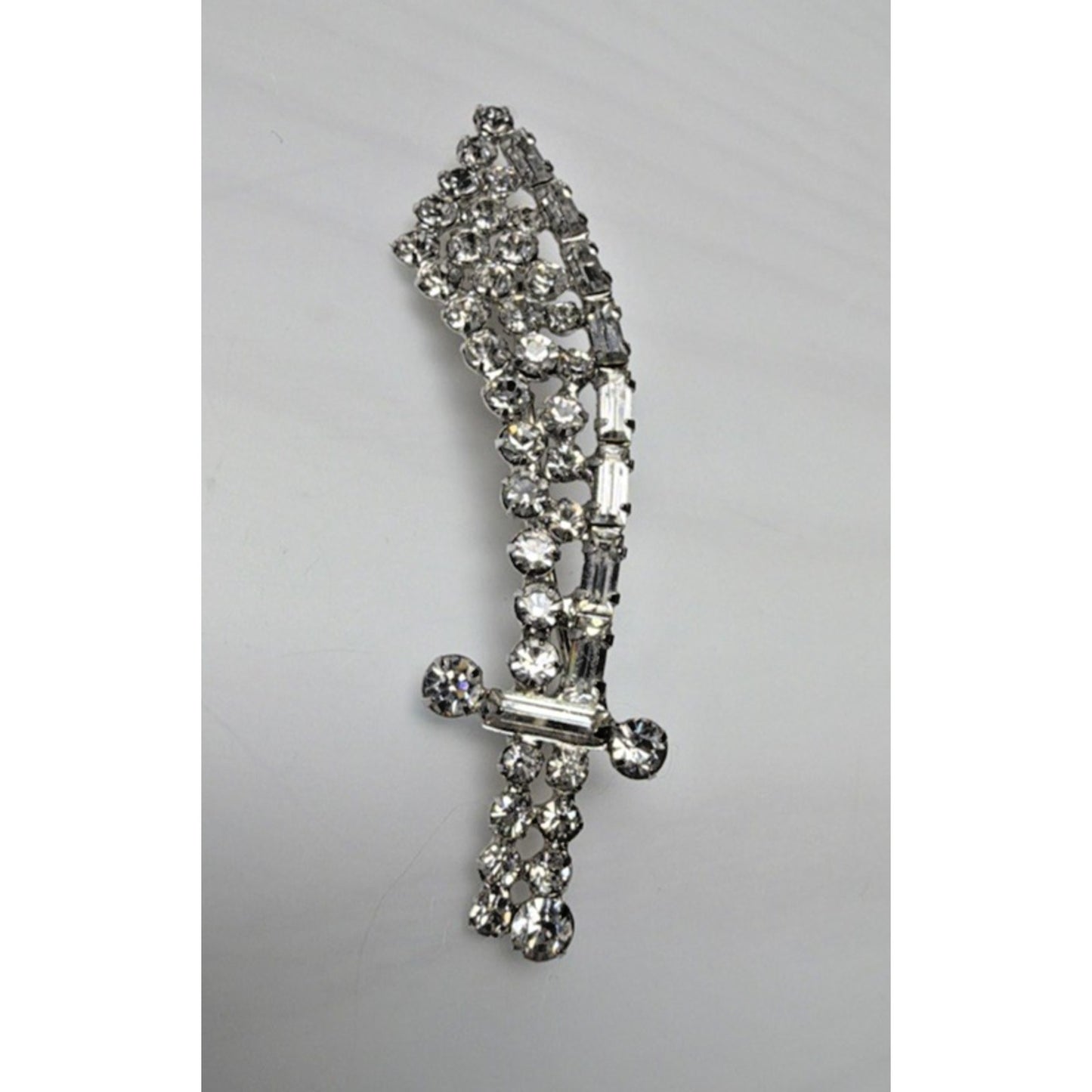 Vintage Sword Pin Brooch Dagger Crystal Rhinestones Baguette Silver