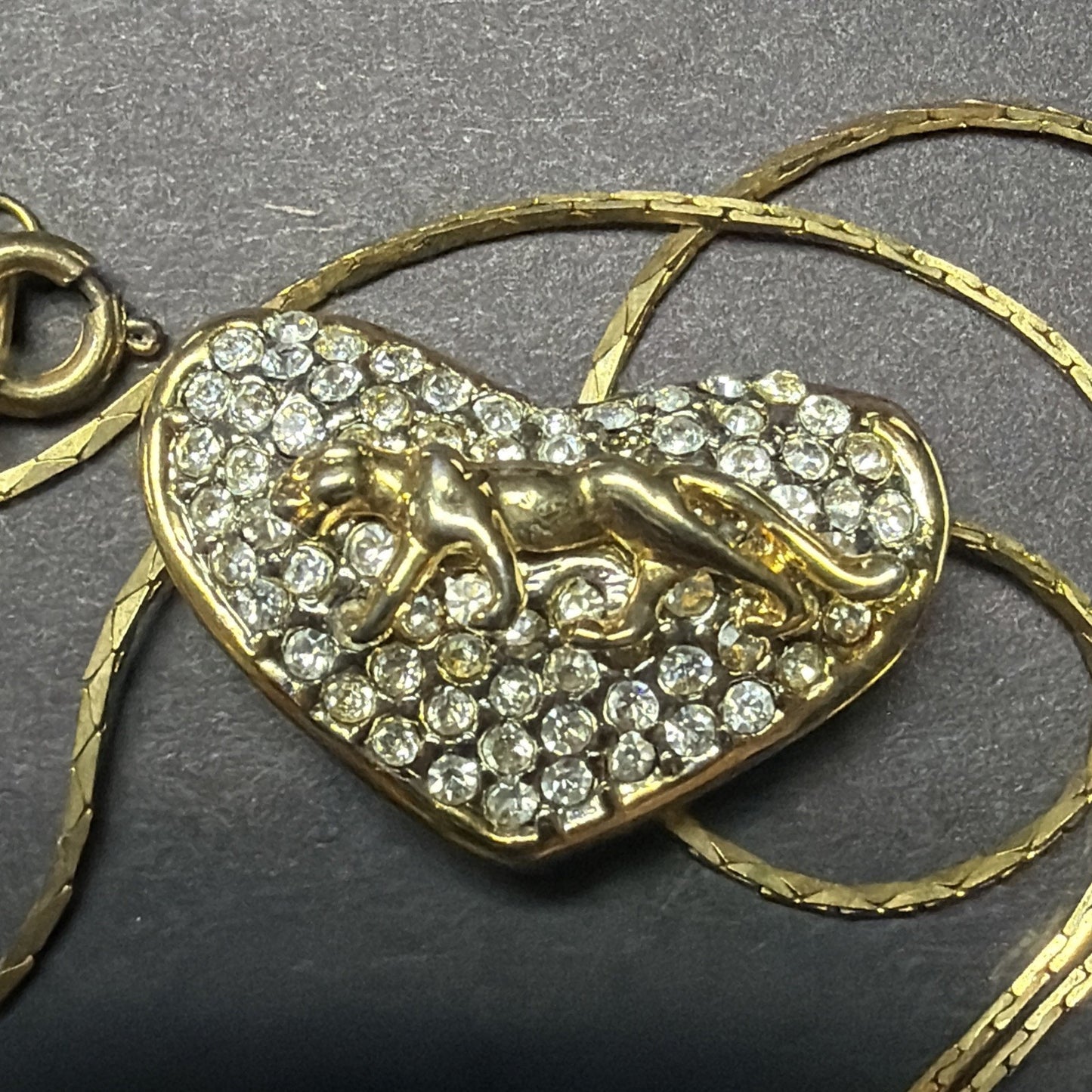 Vintage Gold Tone Rhinestone Pave Heart Slide Pendant Necklace Panther Cat As Is