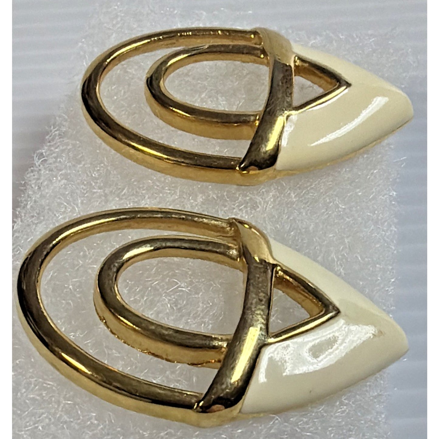 Vintage Monet Enamel Gold Tone Modernist Post Earrings White Geometric Large