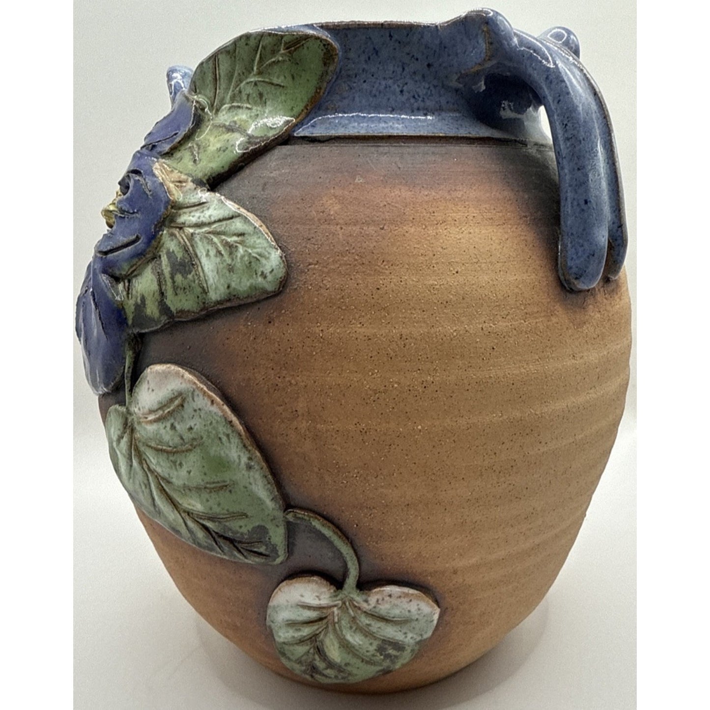 Old Patagonia Pottery Kissinger Double Handle Vase Blue Hibiscus Leaves Signed