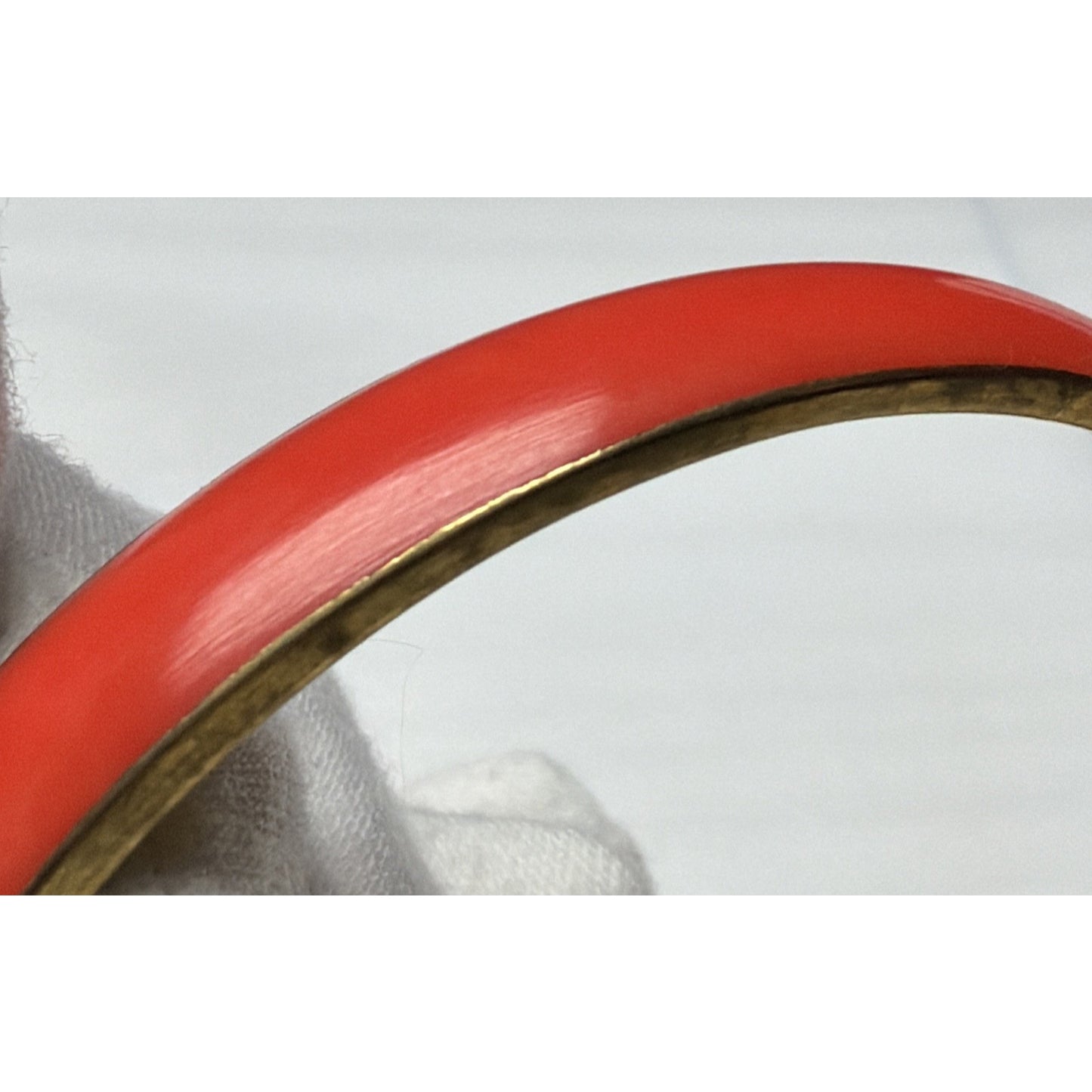 Vintage Gold Tone Metal Brass Bangle Bracelet Orange Red Celluloid Lucite