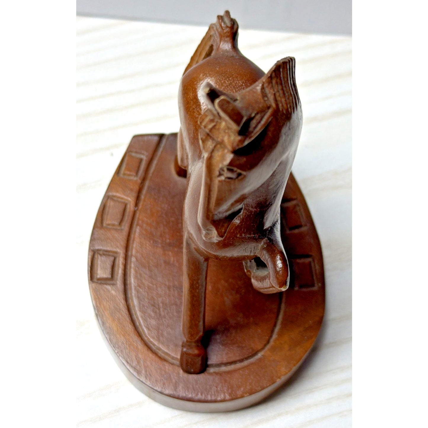 Vintage SC Vizcarra Wood Carving Horse Stallion Sculpture Horseshoe Paperweight