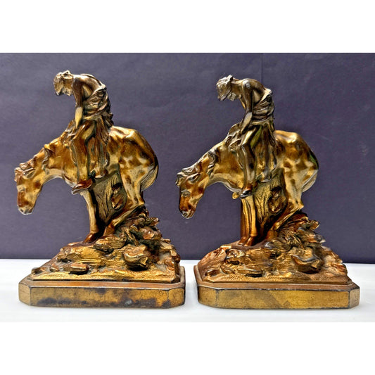 Vintage Ronson Metal Art Horse Rider Bookends Set End of the Trail Cowboy As Is