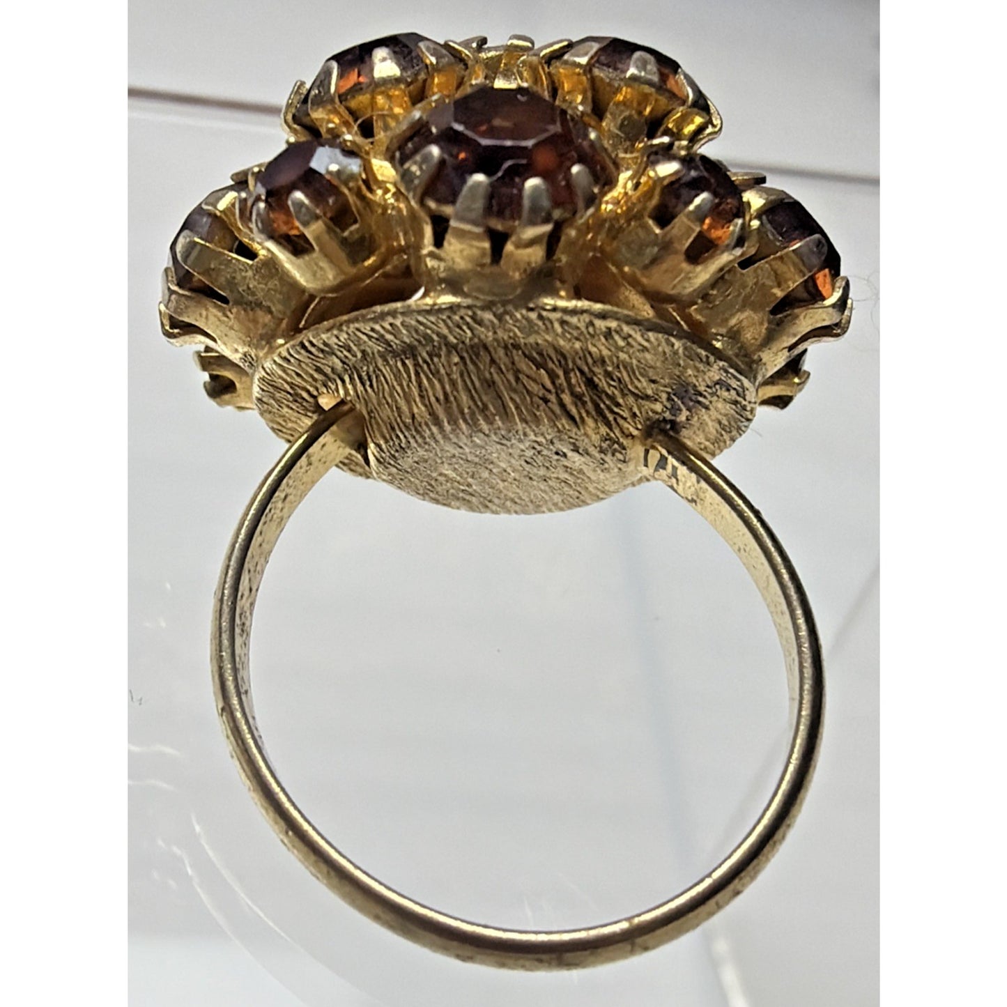Vtg Gold Tone Adjustable Ring Amber Brown Rhinestone Cluster Prong Dome As Is