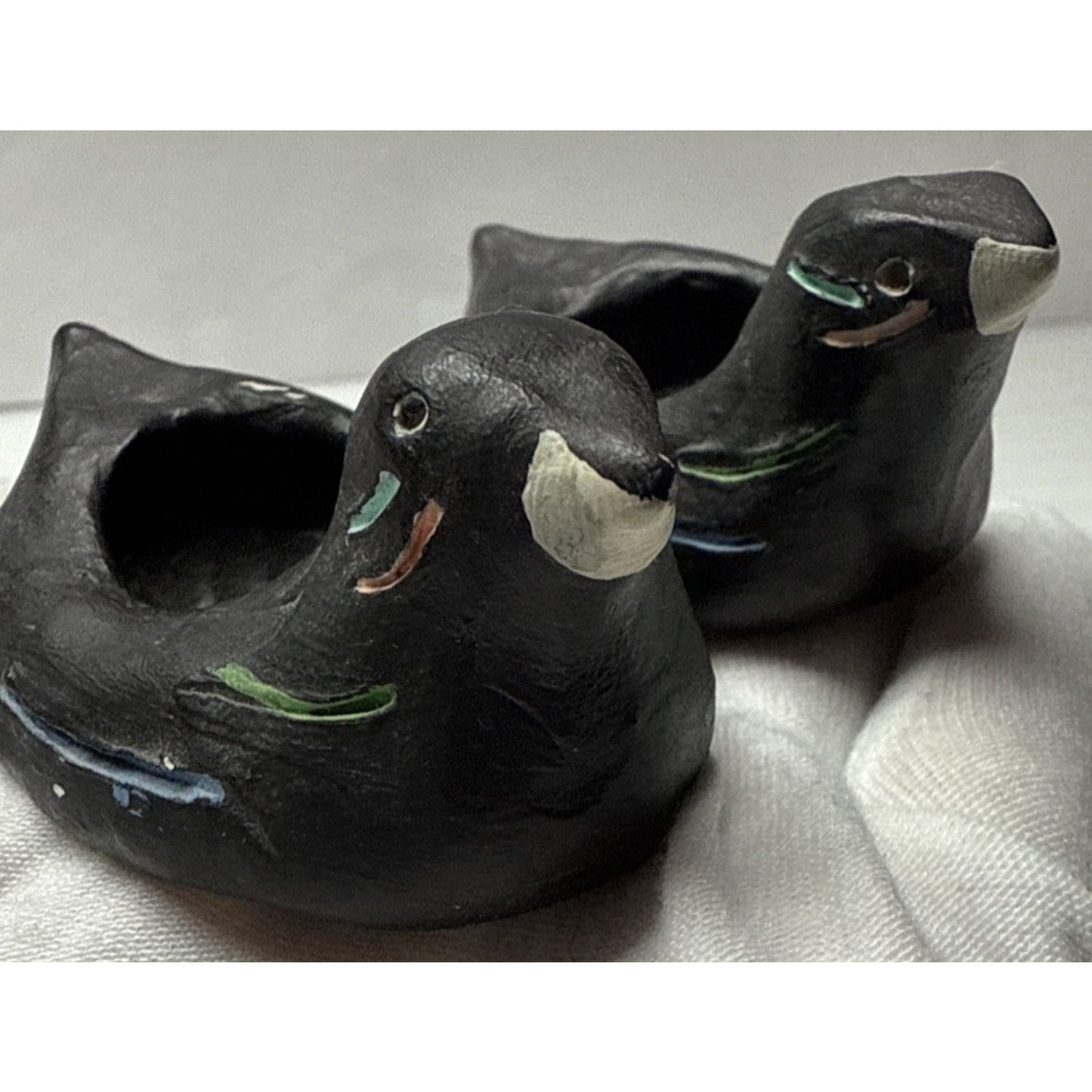 Vtg Lot of 2 Hand Made Pottery Clay Ceramic Bird Candle Holders Painted As-Is