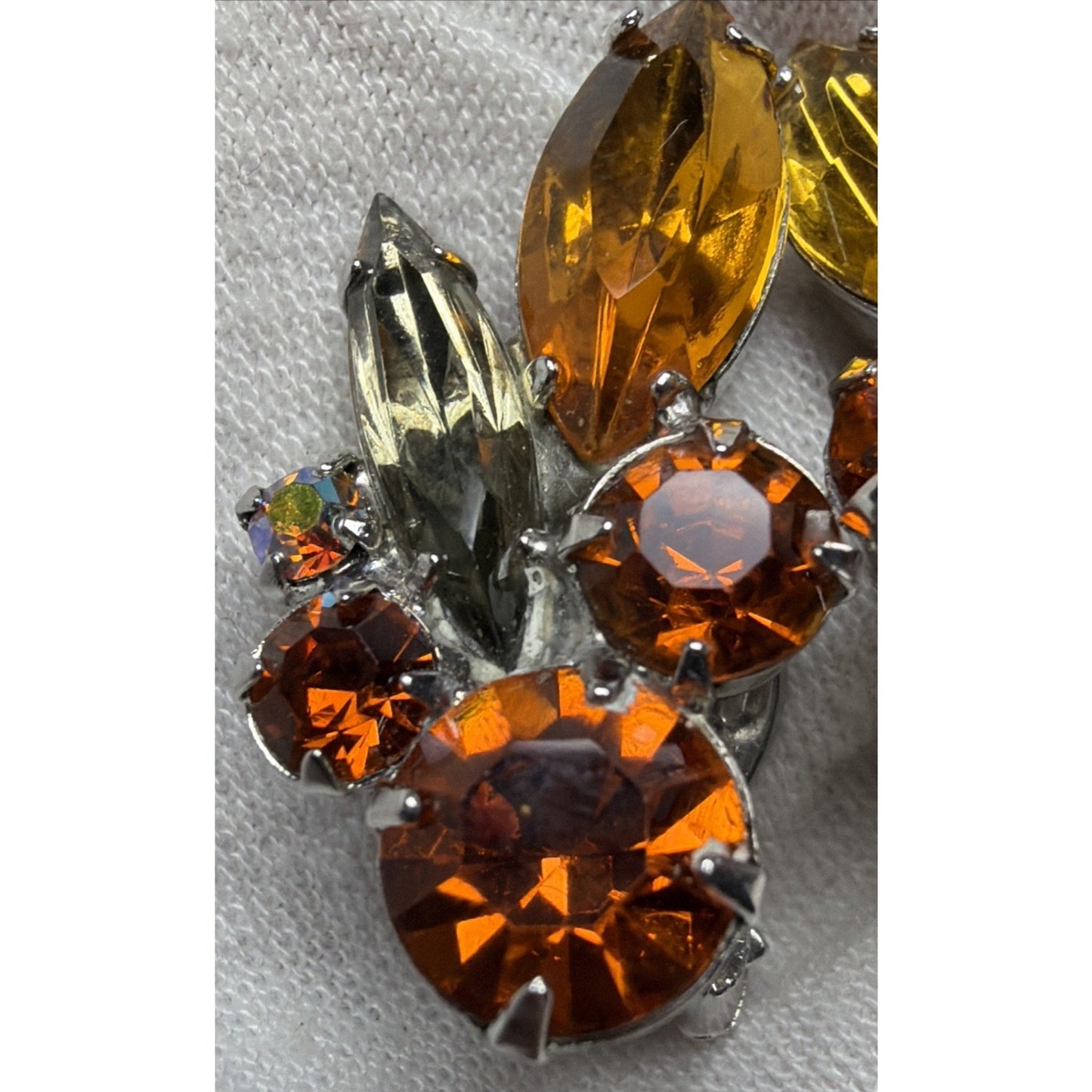 Juliana Smoke Gray Aurora Borealis Amber Topaz Rhinestone Spray Clip Earrings