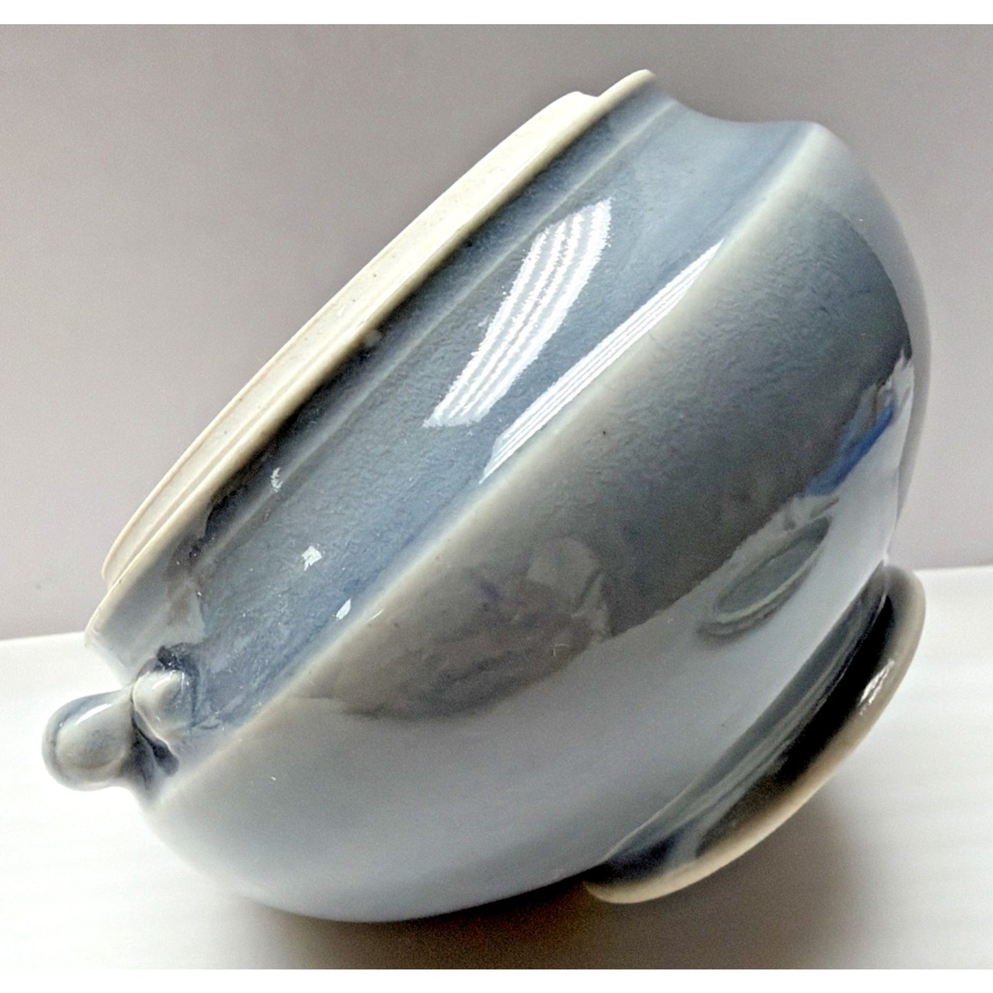 Vtg Celadon Tea Caddy Ginger Jar Embossed Chrysanthemum Blue Gray Handles Signed
