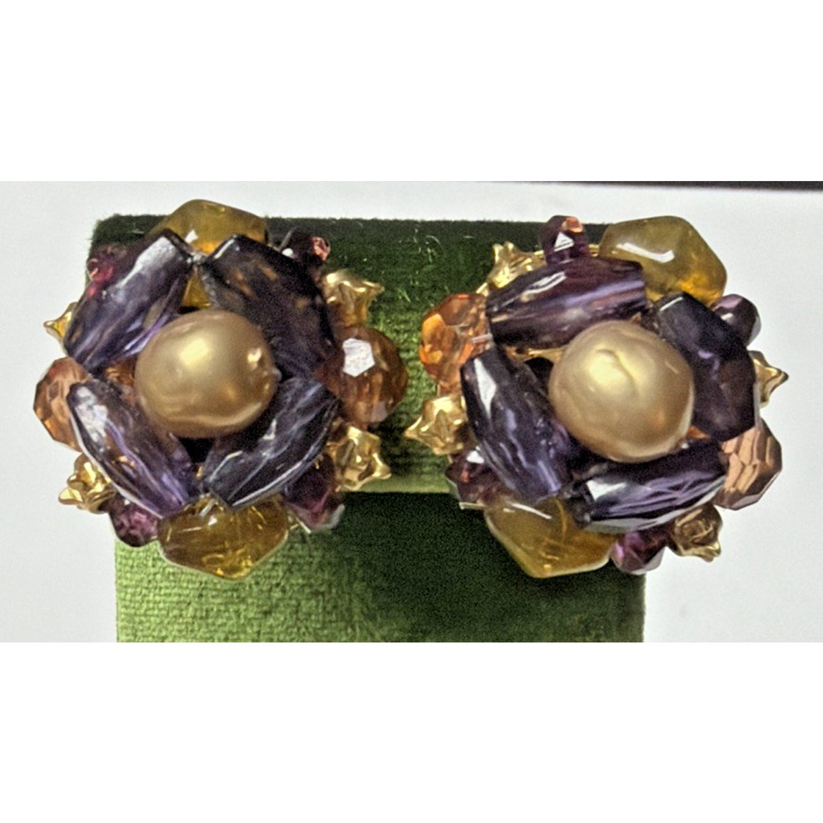 Vtg LC Liz Claiborne Omega Clip On Earrings Faux Pearl Multi Beaded Purple Gold