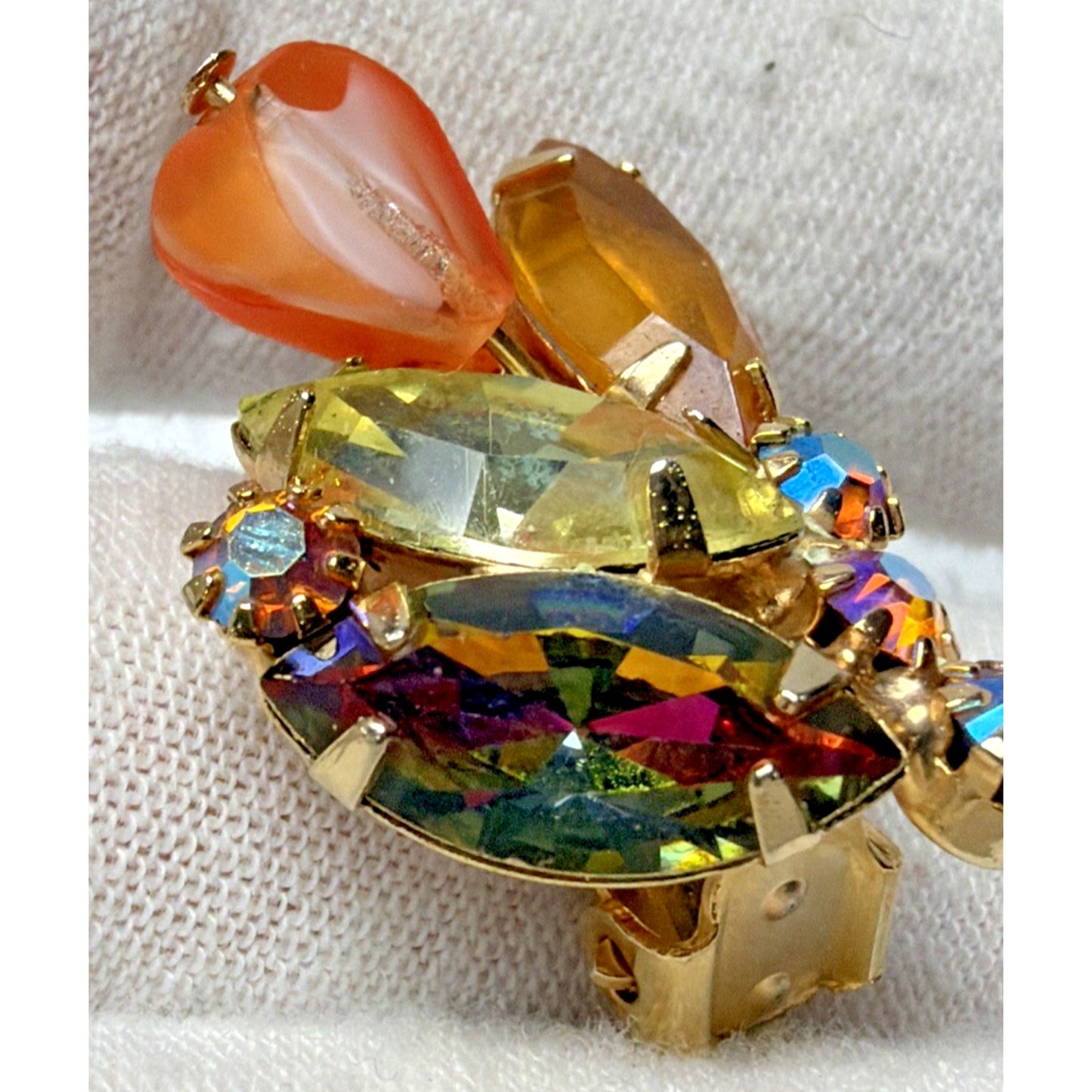 Juliana Yellow Amber Topaz Rhinestone Art Glass Window Bead Givre Clip Earrings