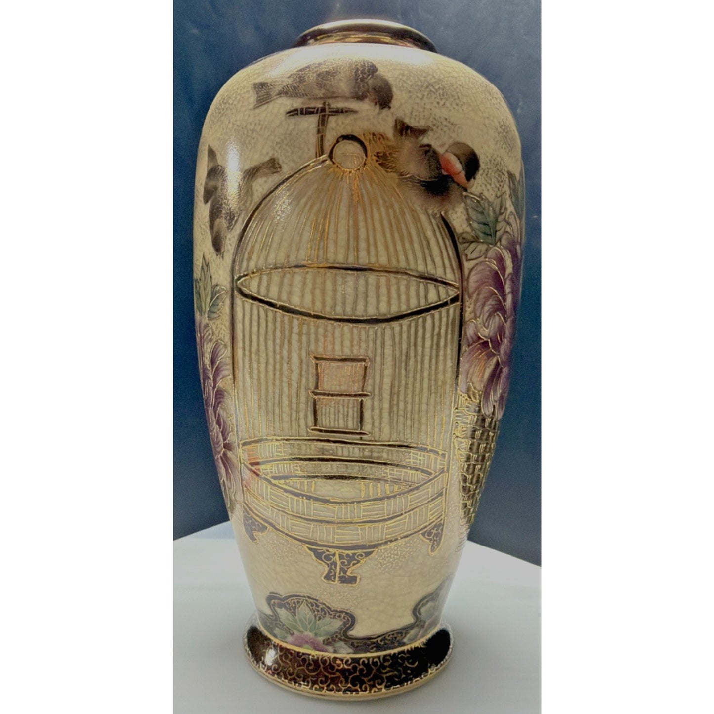 Old Hand Painted Japanese Satsuma Vase Crackle Gold Gilded Birds Floral Birdcage