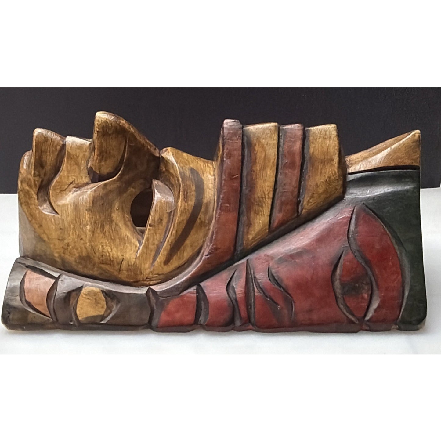 Vintage Mayan Aztec Carved Hand Painted Warrior Chief Mask Totem Tiki Wall Art