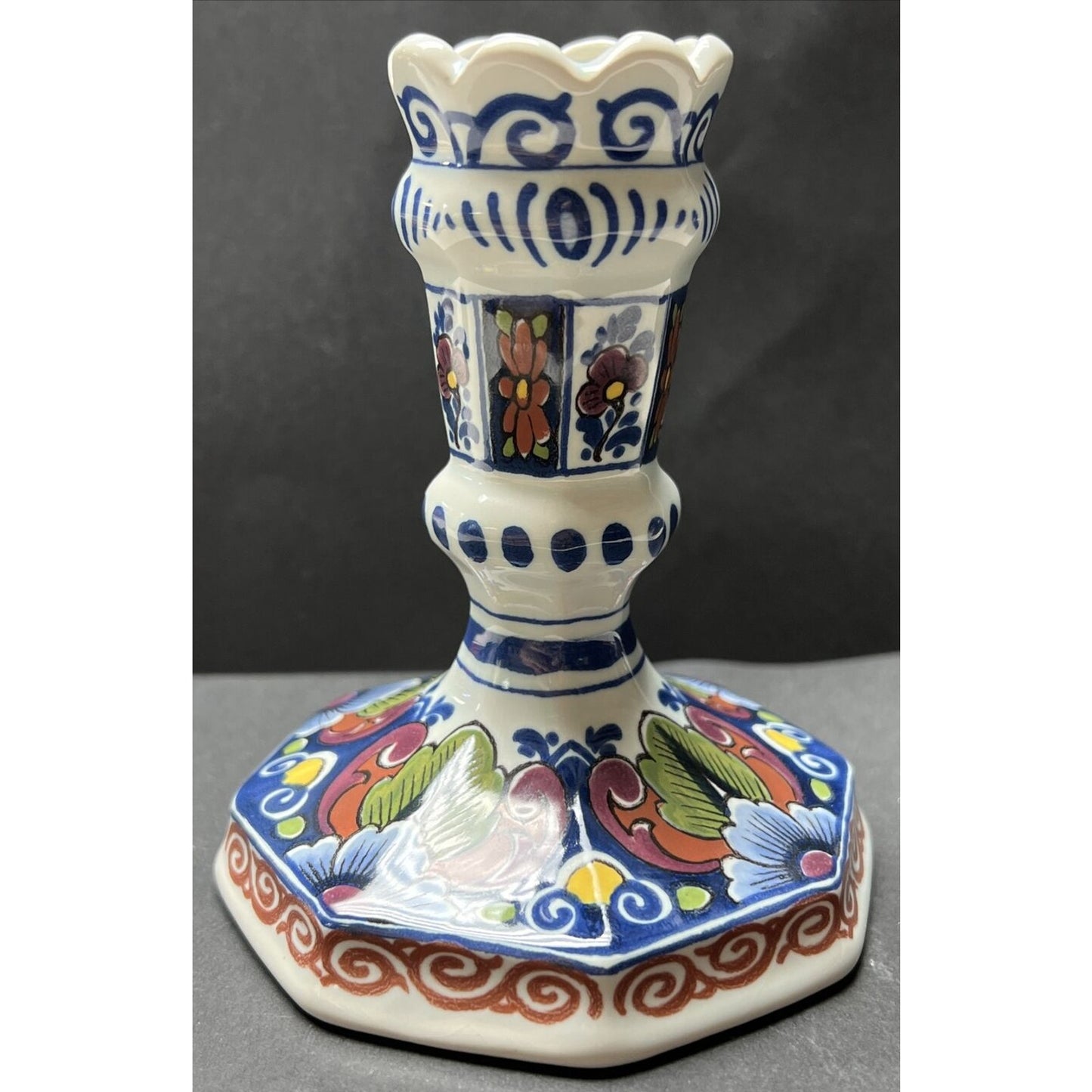 Vtg Oud Delft Holland 834/1 Candle Stick Holder Polychrome Floral Hand Painted