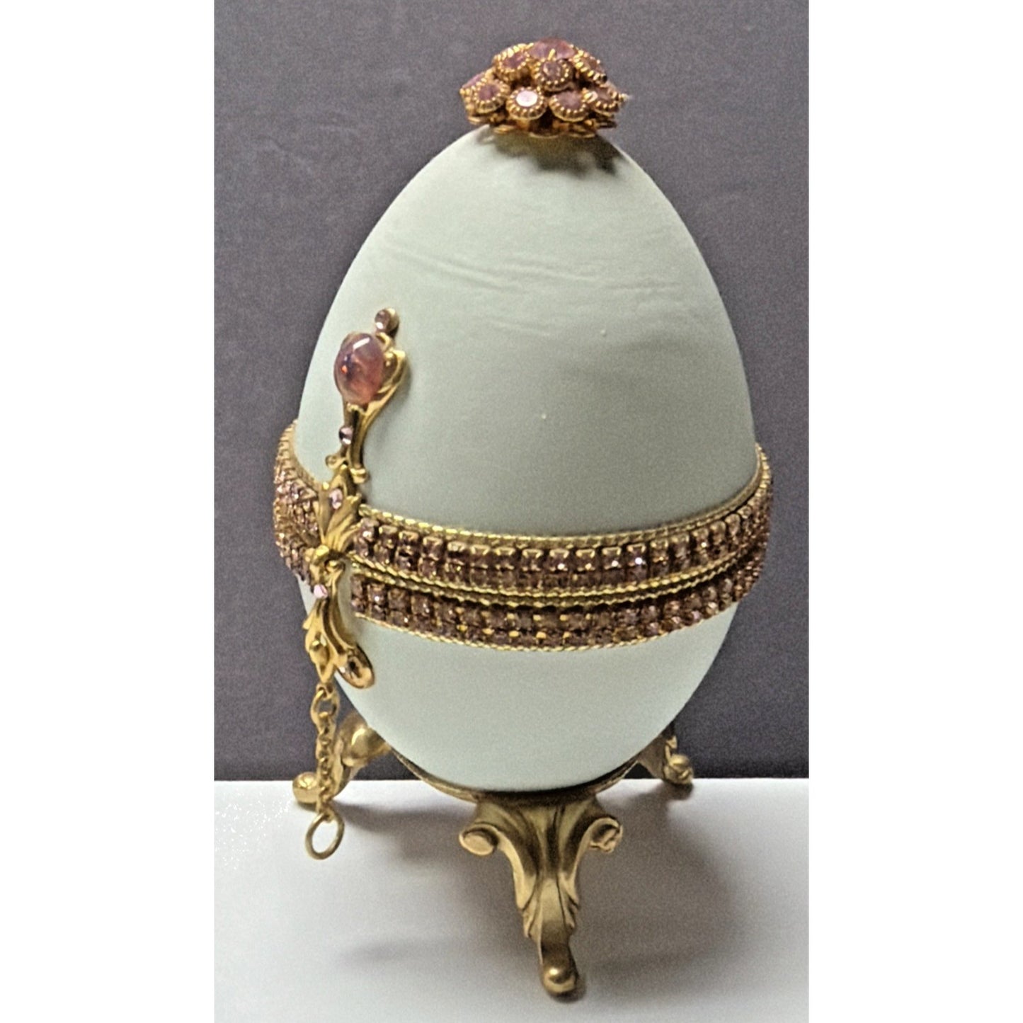 Vtg Pink Faceted Rhinestone Opal Gold Hand Decorated Goose Egg Hinged Footed Box