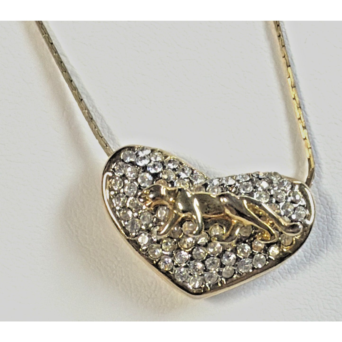 Vintage Gold Tone Rhinestone Pave Heart Slide Pendant Necklace Panther Cat As Is