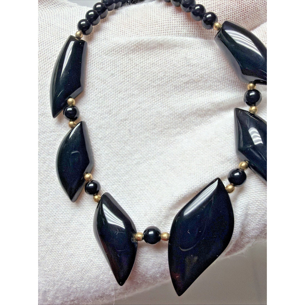Jet Black Flame Carved Leaf Shape Onyx Bead Gold Spacer Necklace Read Descript