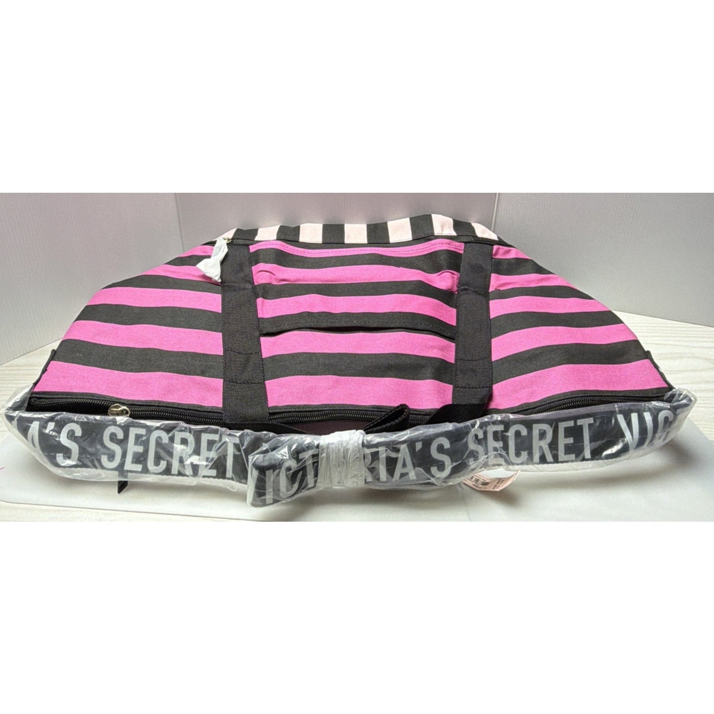 Victoria’s Secret Iconic Canvas Pink Black Striped Weekender Bag Tote Exandable