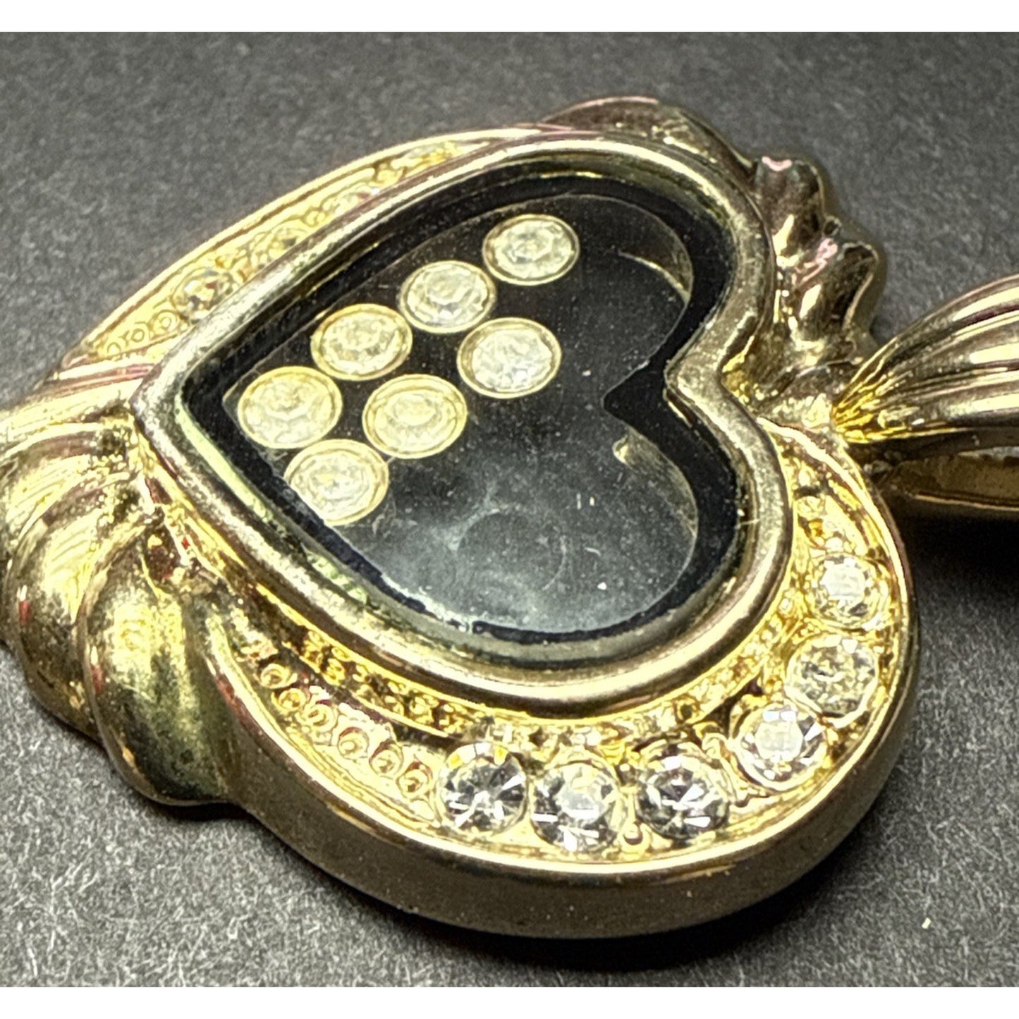 Vintage Gold Tone Floating Crystals Heart Pendant Black