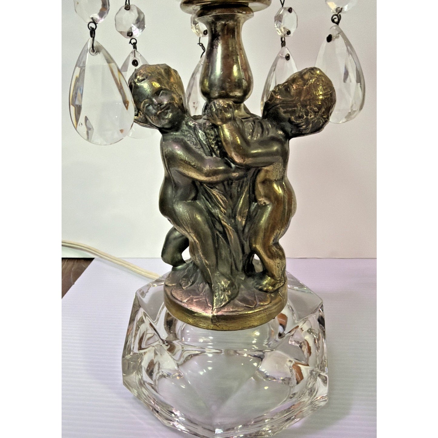 MCM Hollywood Regency Crystal Glass Brass Metal Waterfall Lamp Cherubs As Is
