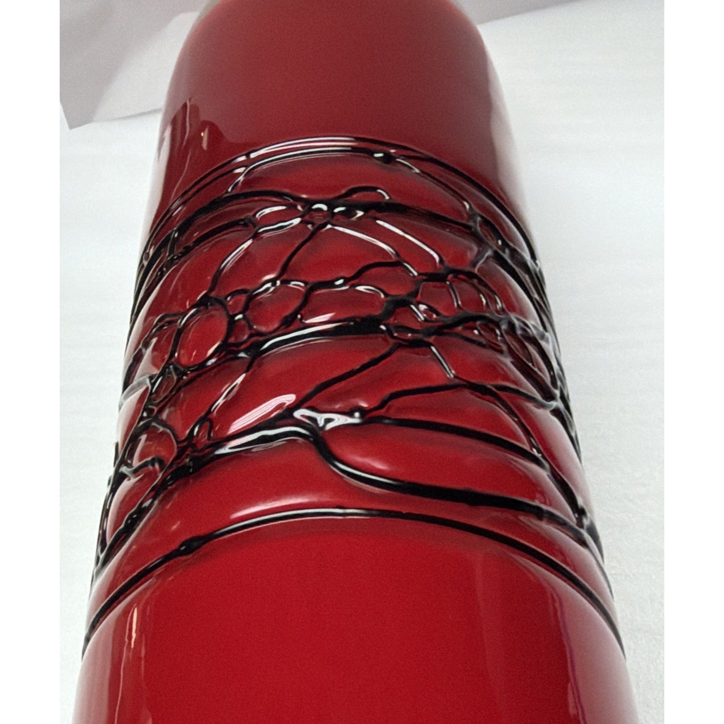 MCM Red Cased White Cylinder Vase Abstract Black Threaded Strapping Large