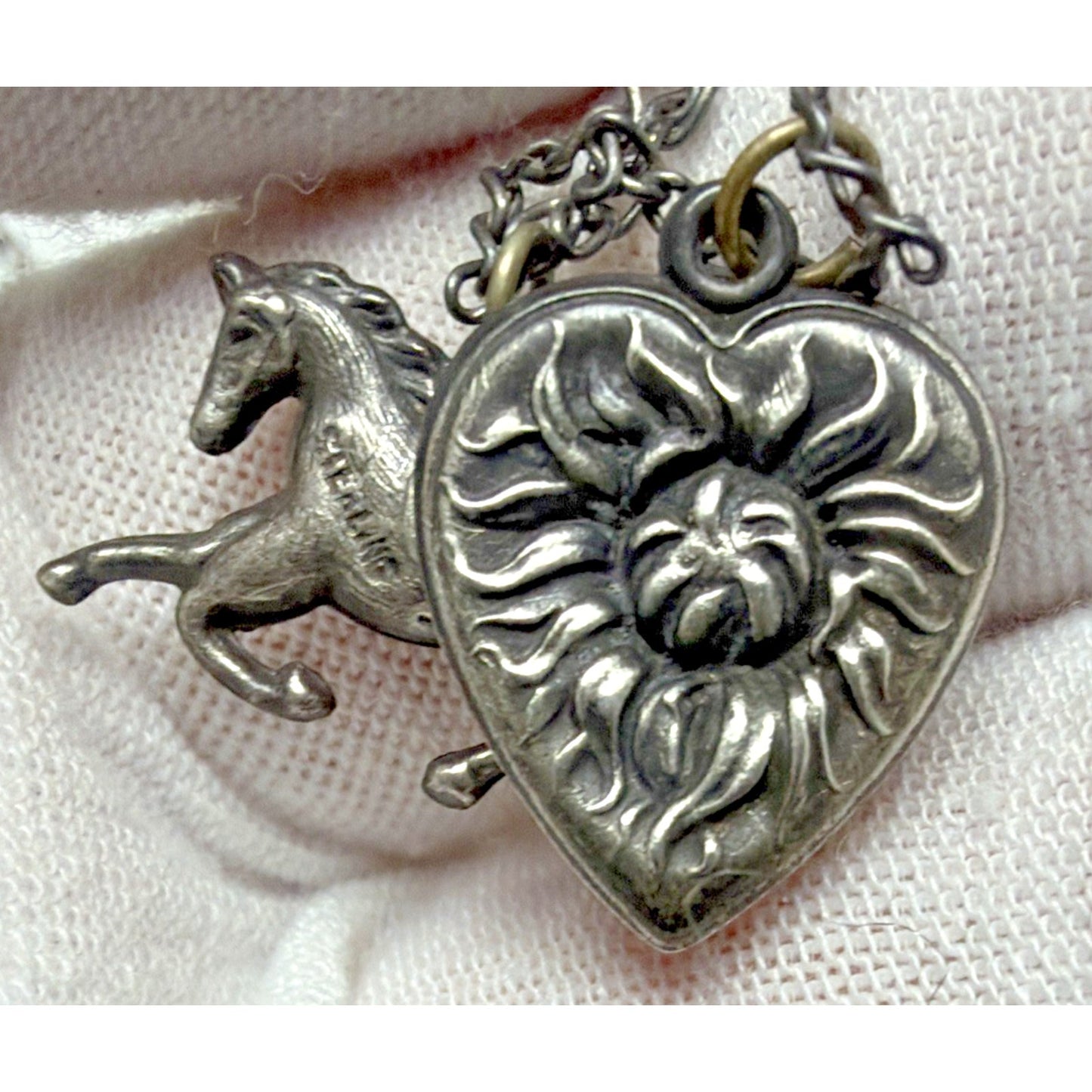 Antique Sterling Silver Puffy Heart Charms Necklace Enamel Gemstone Emboss As Is