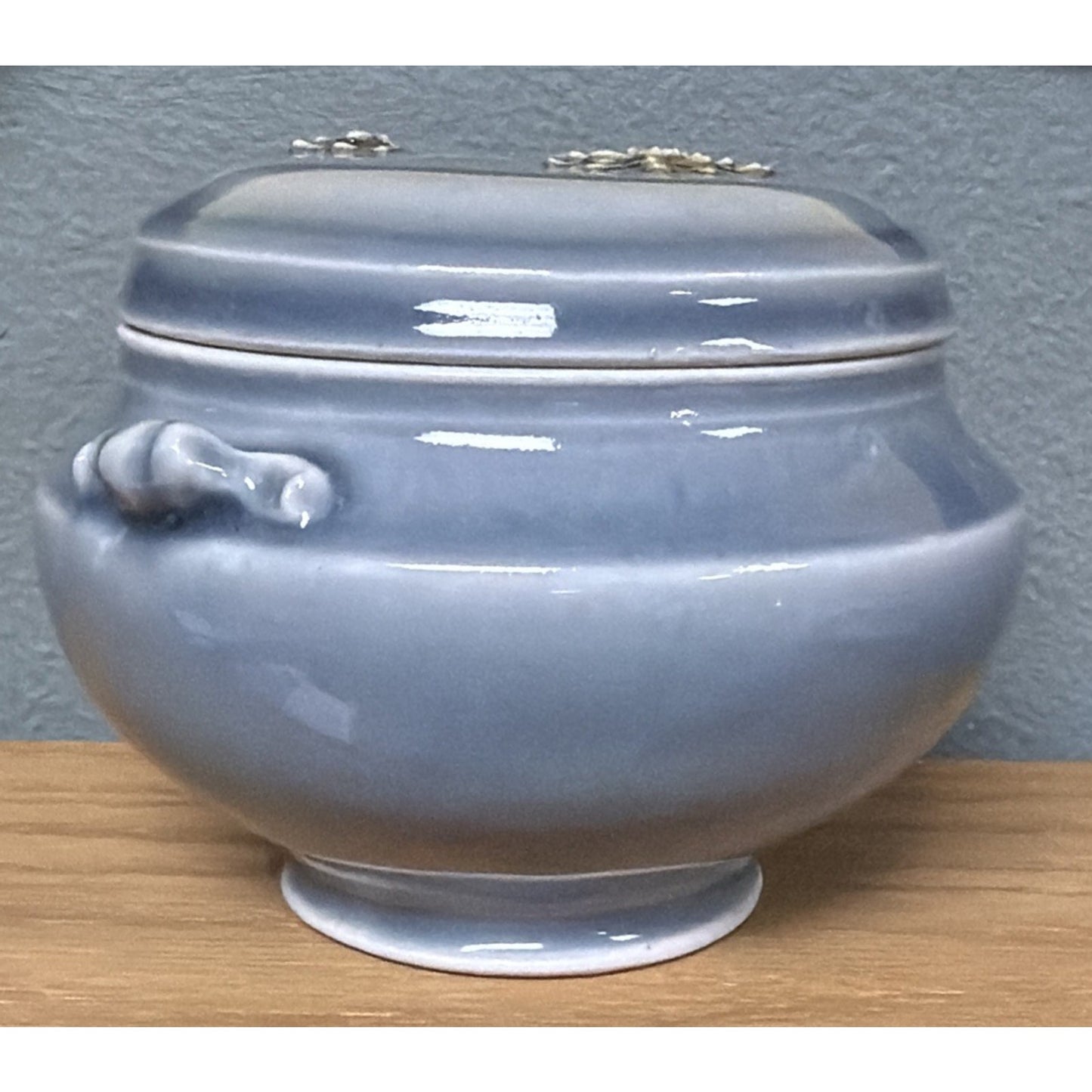 Vtg Celadon Tea Caddy Ginger Jar Embossed Chrysanthemum Blue Gray Handles Signed