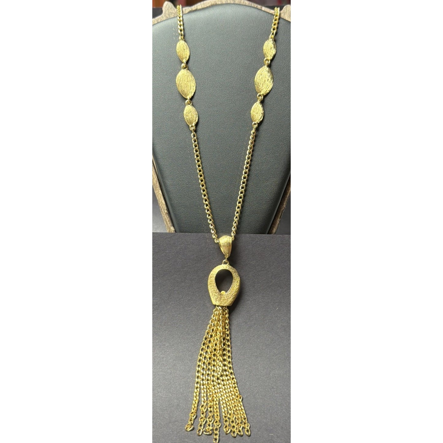 Vintage Gold Tone Brushed Leaf Waterfall Pendant Tassel Necklace