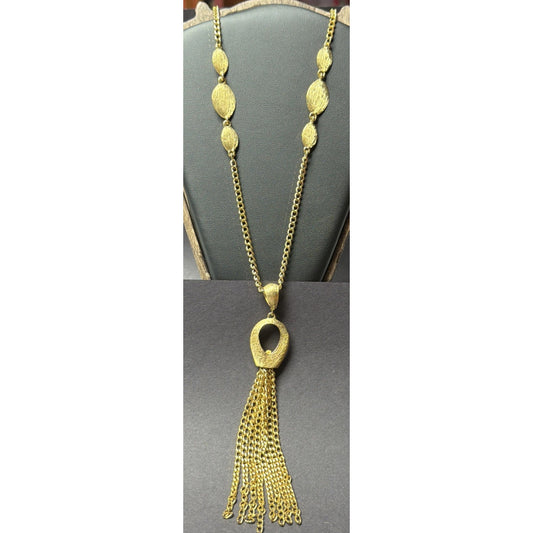 Vintage Gold Tone Brushed Leaf Waterfall Pendant Tassel Necklace