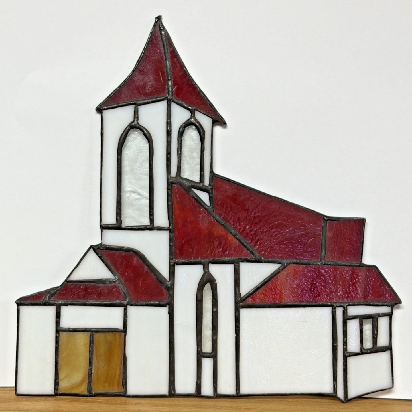 Vintage Stained Glass Church Suncatcher Red Slag Crackle Amber