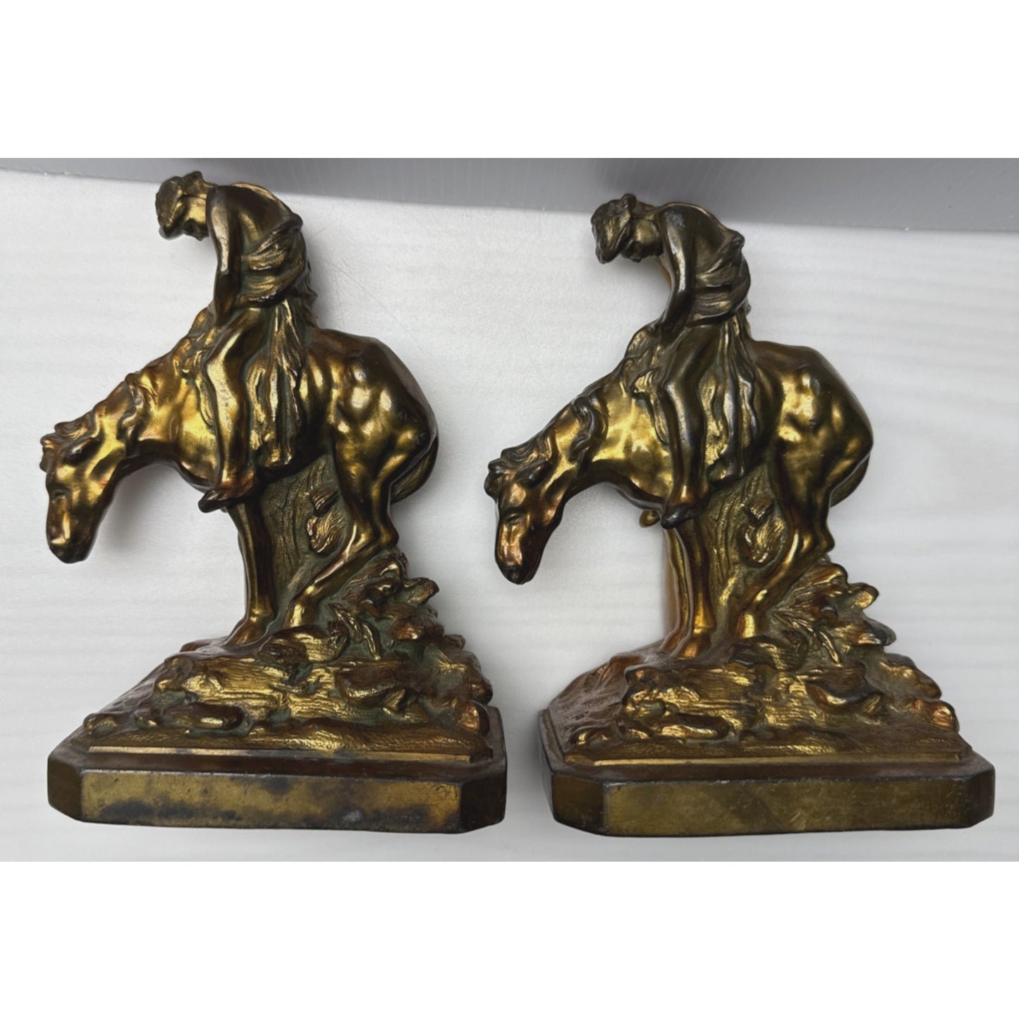 Vintage Ronson Metal Art Horse Rider Bookends Set End of the Trail Cowboy As Is