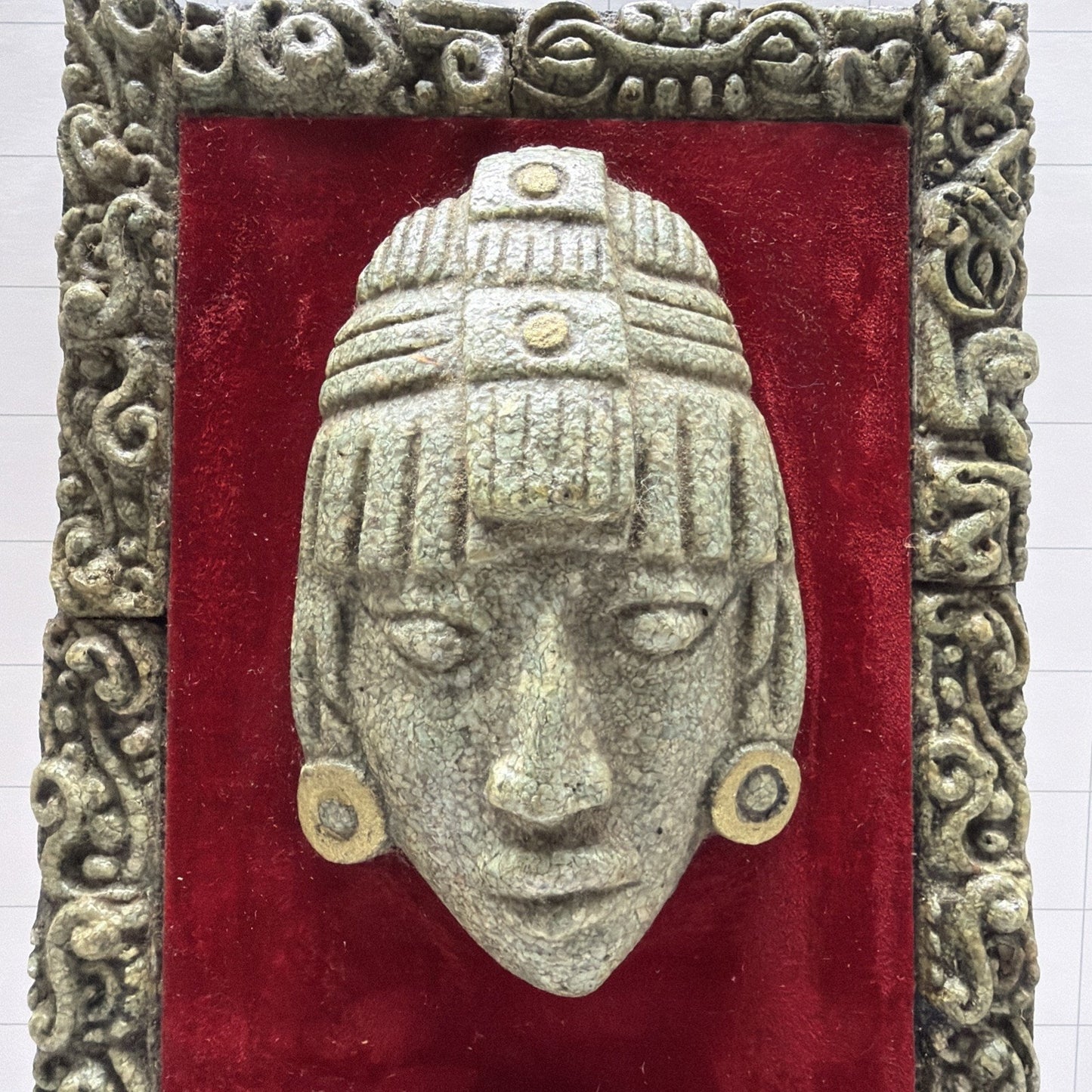Vintage Aztec Mayan God Crushed Malachite Art Wall Hanging Plaque Wood Velvet