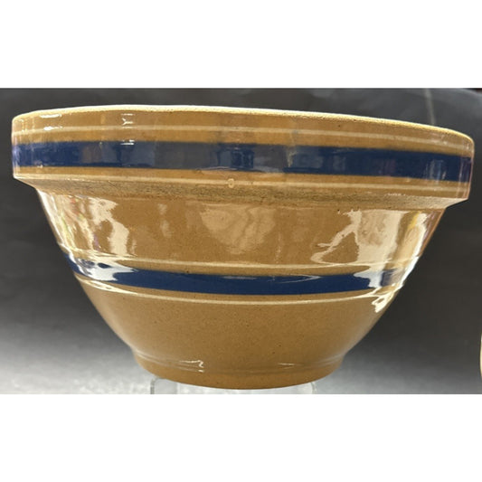Antique Farmhouse 10.5” Yellowware Pottery Mixing Bowl 6 Stripe Blue White As-Is