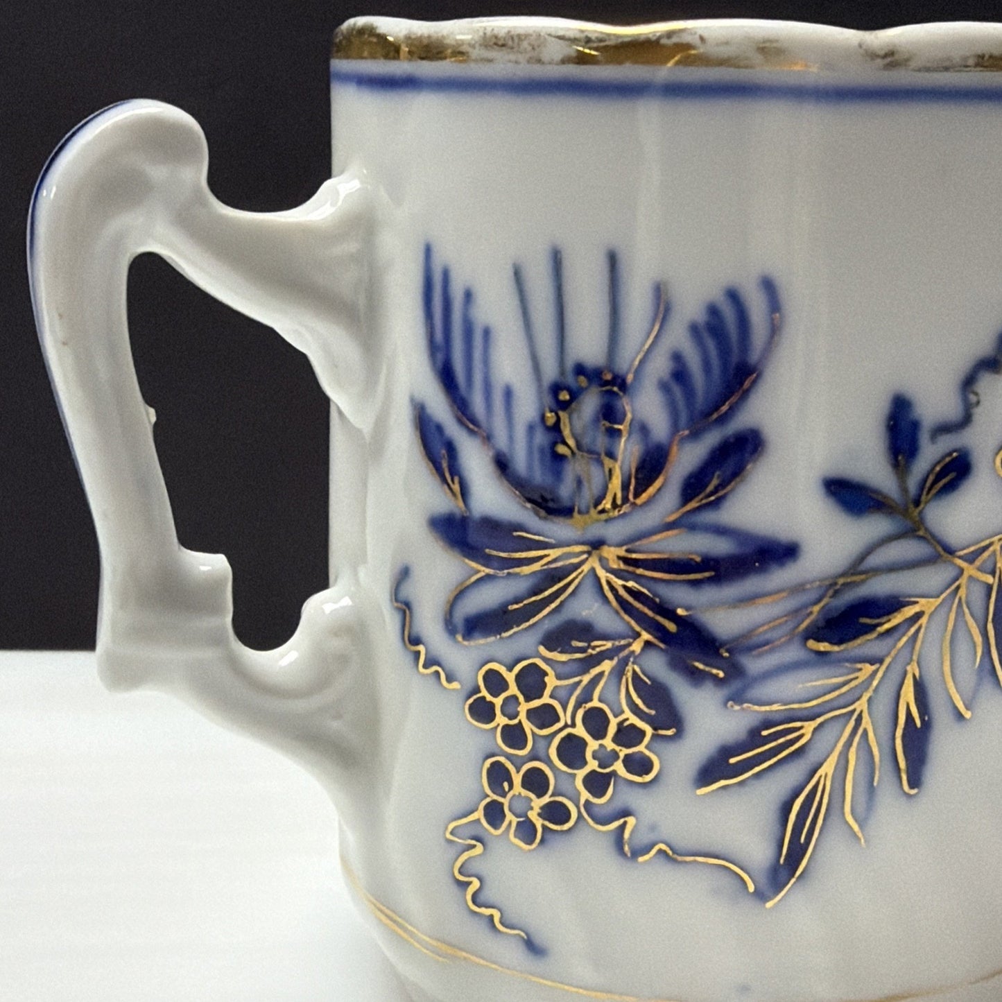 Antique Lot of 4 Flow Blue Hand Painted Blue Onion Ring Mugs Cups C Handle As Is