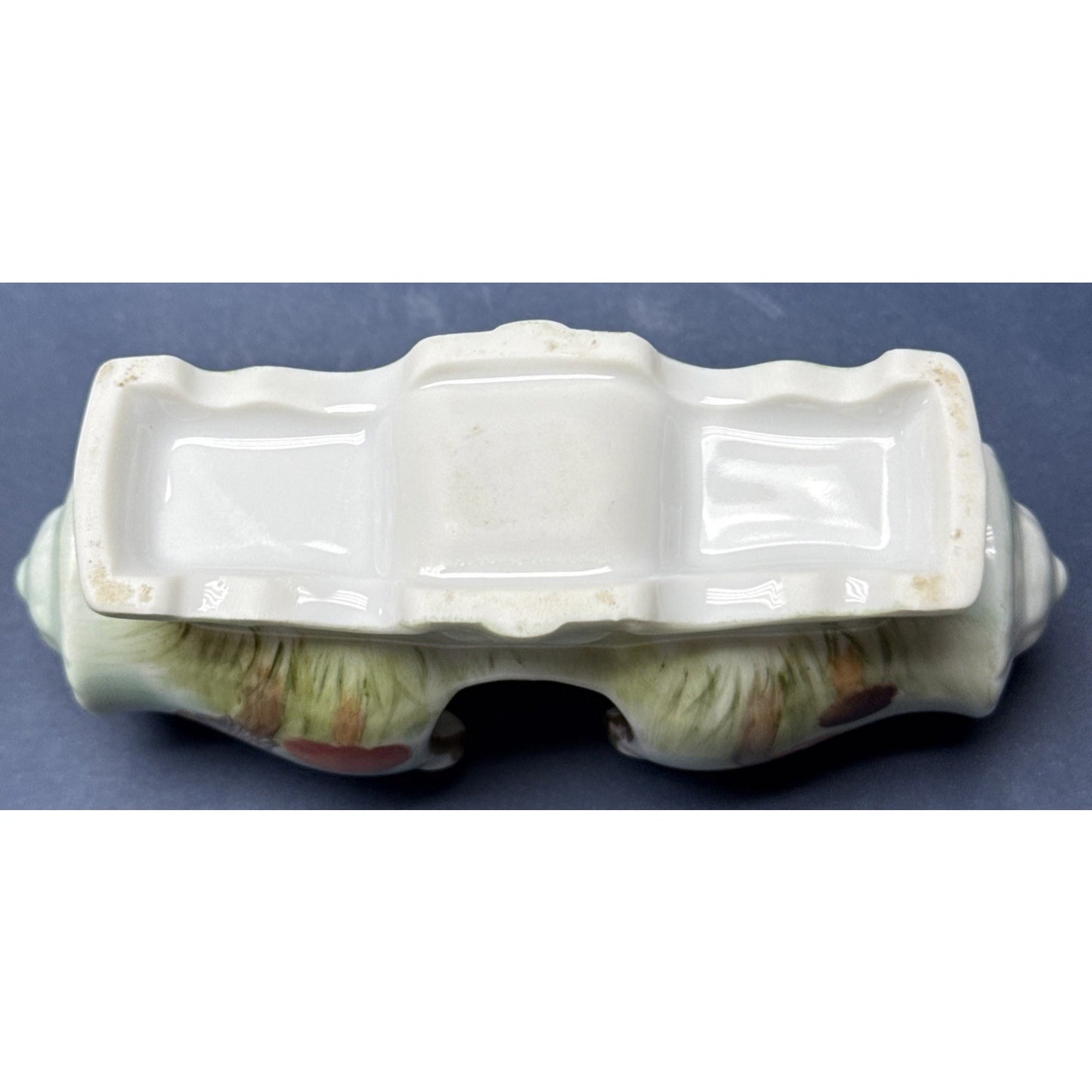 Vintage Porcelain Toothpick Holder Horizontal Hand Painted Mushrooms Gold Footed