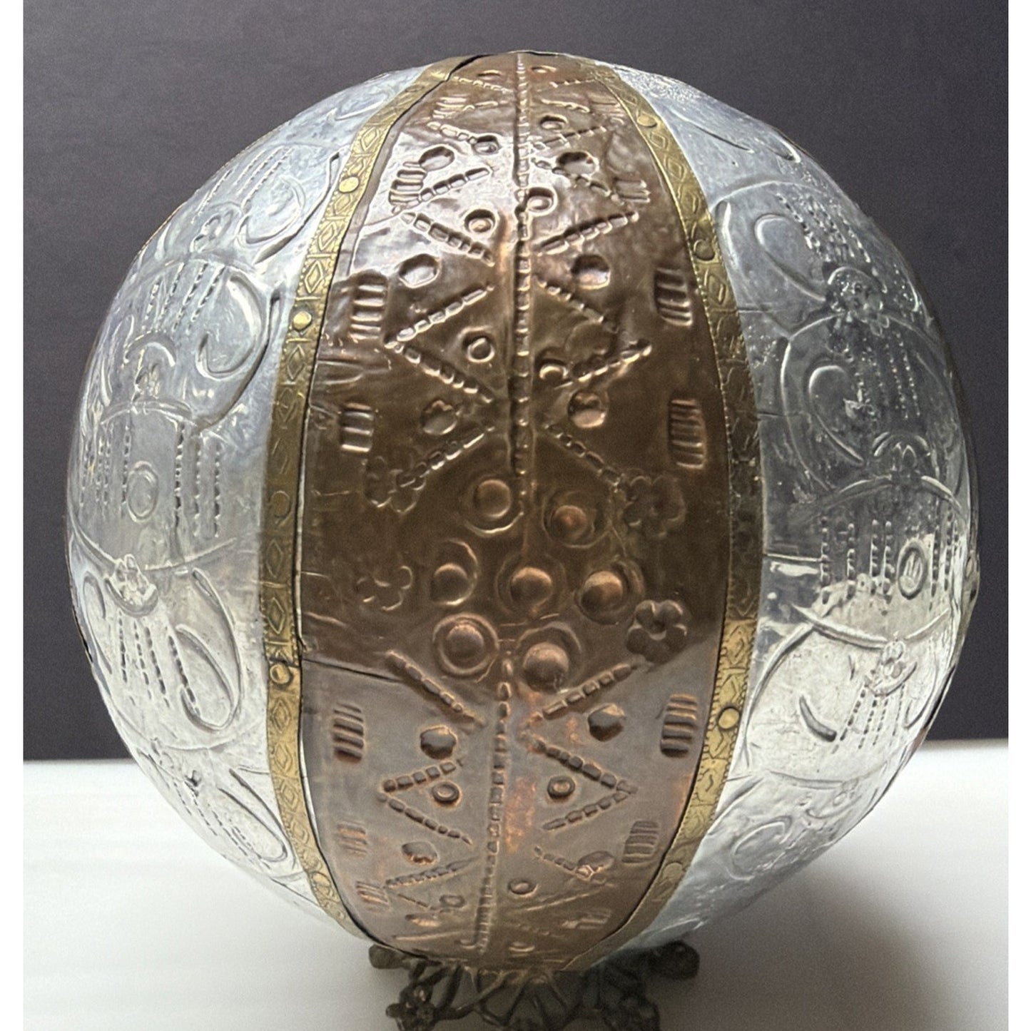 Vtg Mixed Metal Wrapped Sphere Orb Hand Tooled Design Ornate Ball Brass Bronze