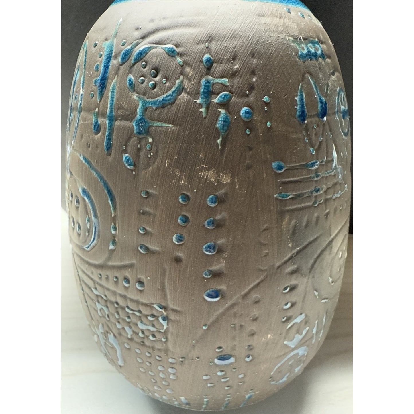 Contemporary Ashluxe Handmade Ceramic Table Vase Script Blue Brown Crackle As Is
