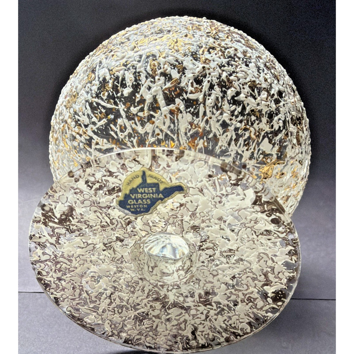 MCM West Virginia Glass Lidded Pedestal Candy Dish Golden Brocade Splatter