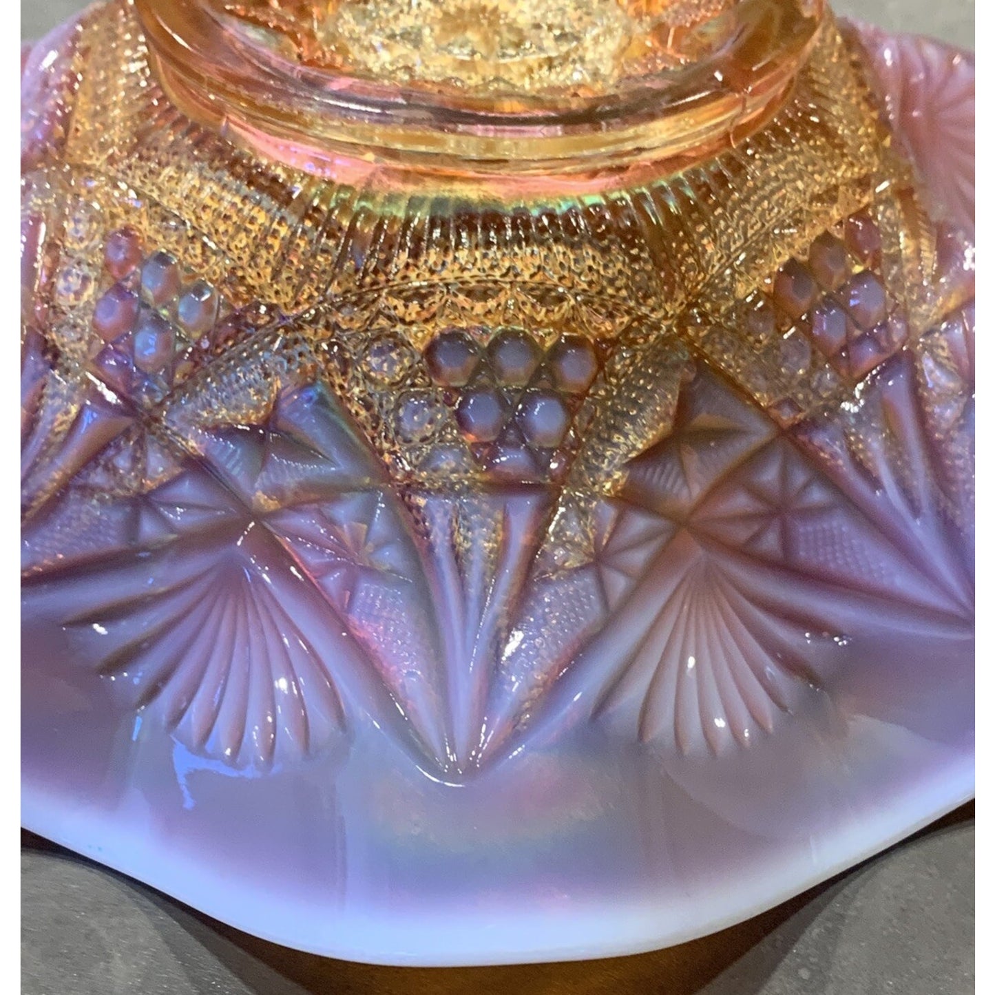 EAGP Dugan Glass Marigold Carnival Peach Opalescent Ski Star Master Bowl As-Is
