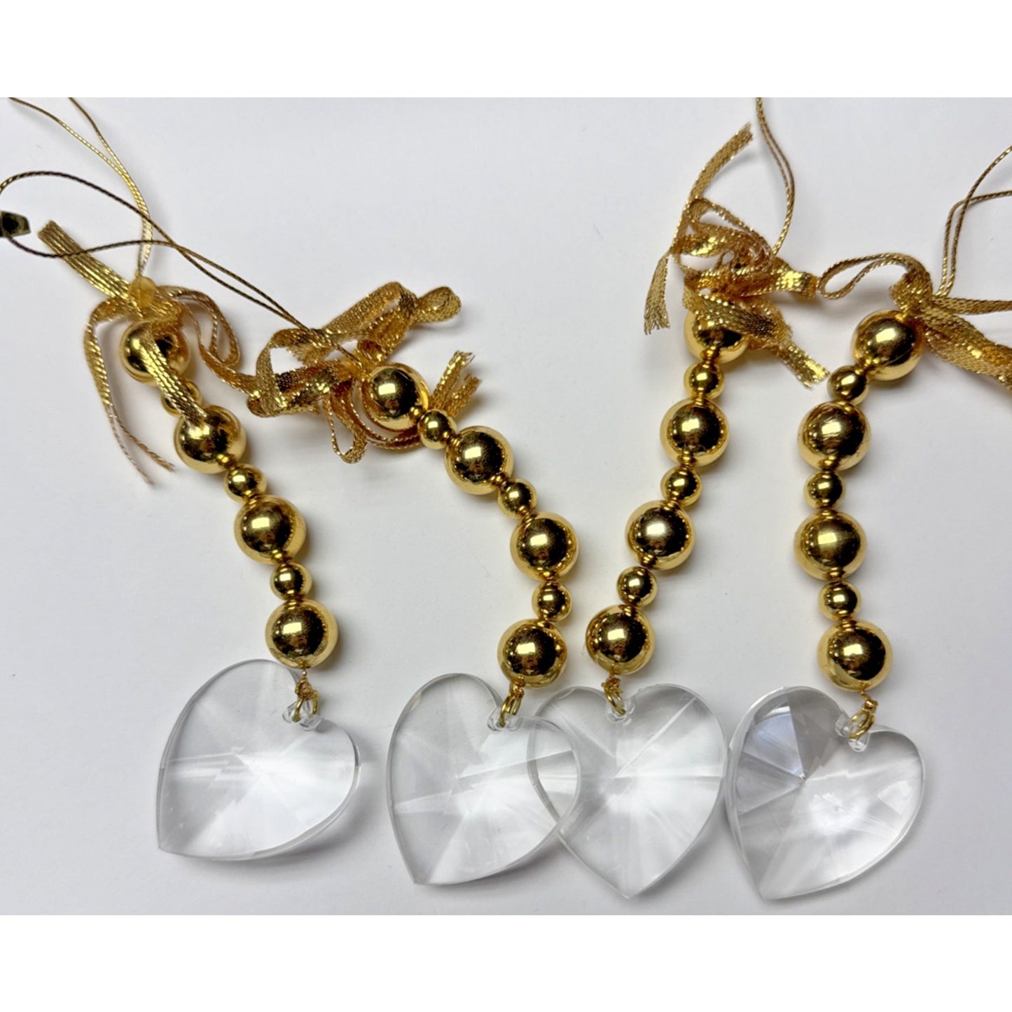 Vtg Lot of 4 Heart Plastic Acrylic Faceted Ornaments Gold Bead Suncatcher As Is